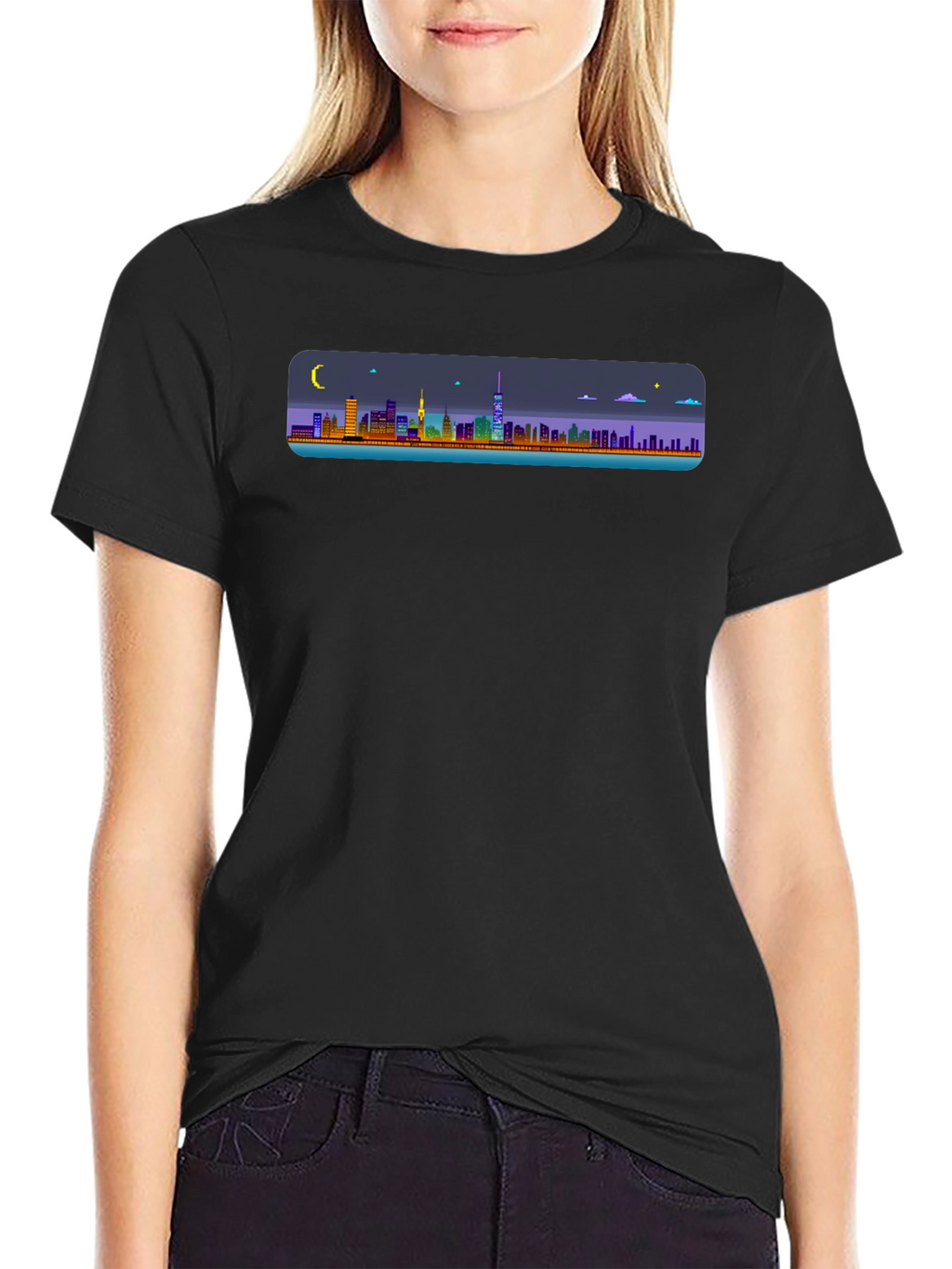 Cityscape Pixel Art Black T-Shirt