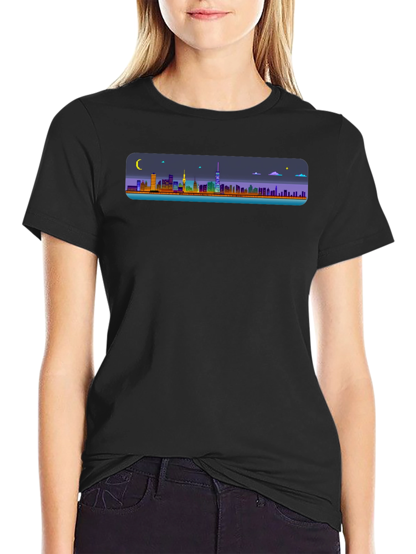 Cityscape Pixel Art Black T-Shirt