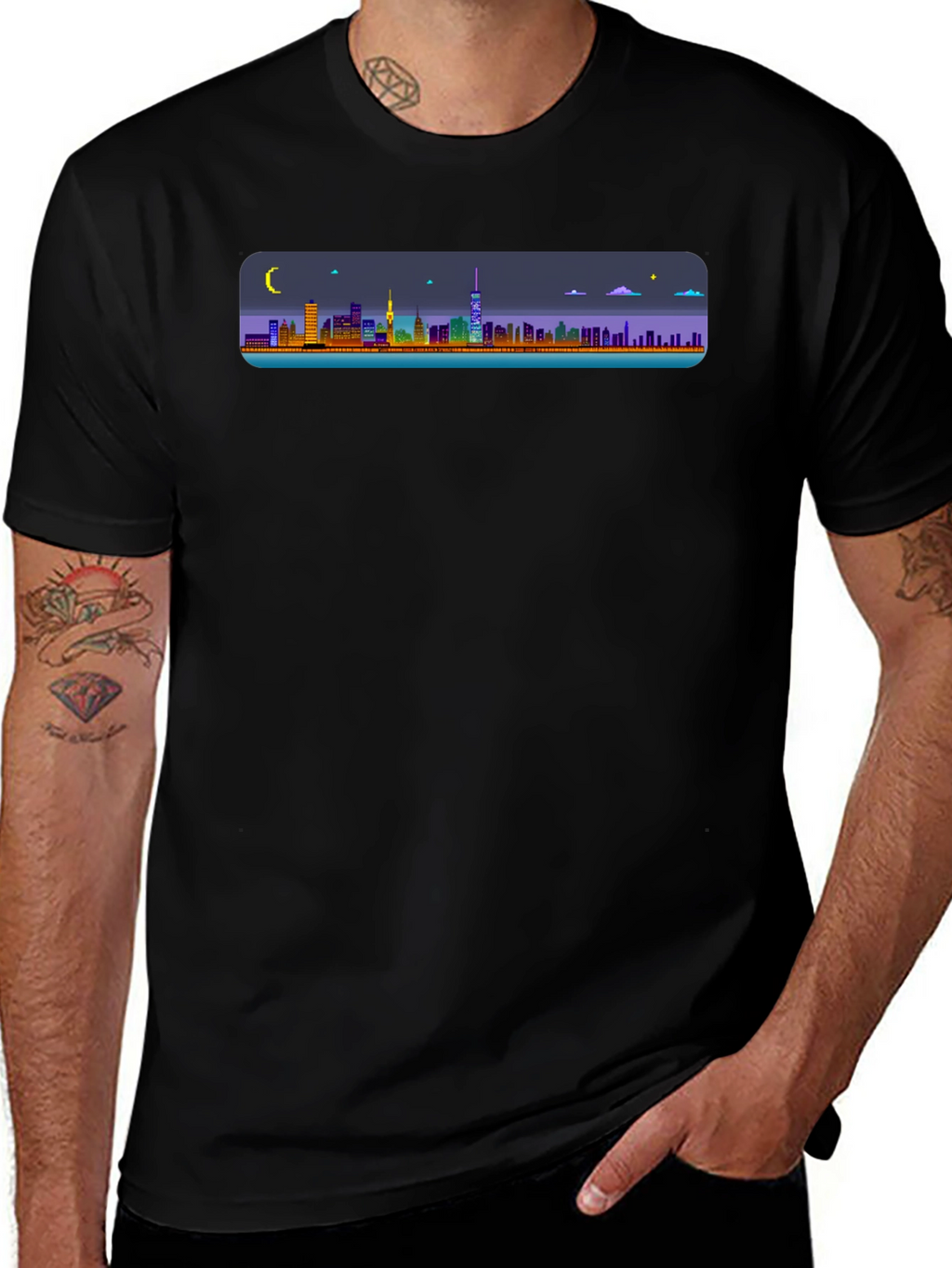 Cityscape Pixel Art Black T-Shirt