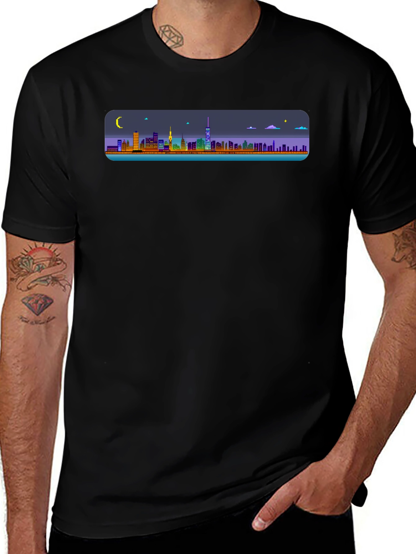 Cityscape Pixel Art Black T-Shirt
