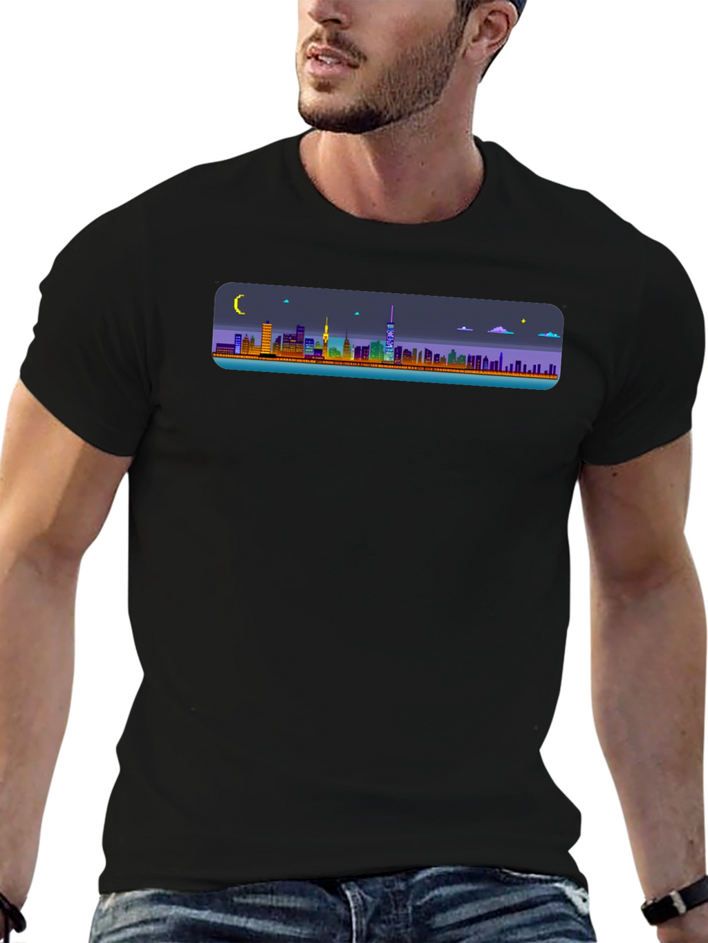Cityscape Pixel Art Black T-Shirt