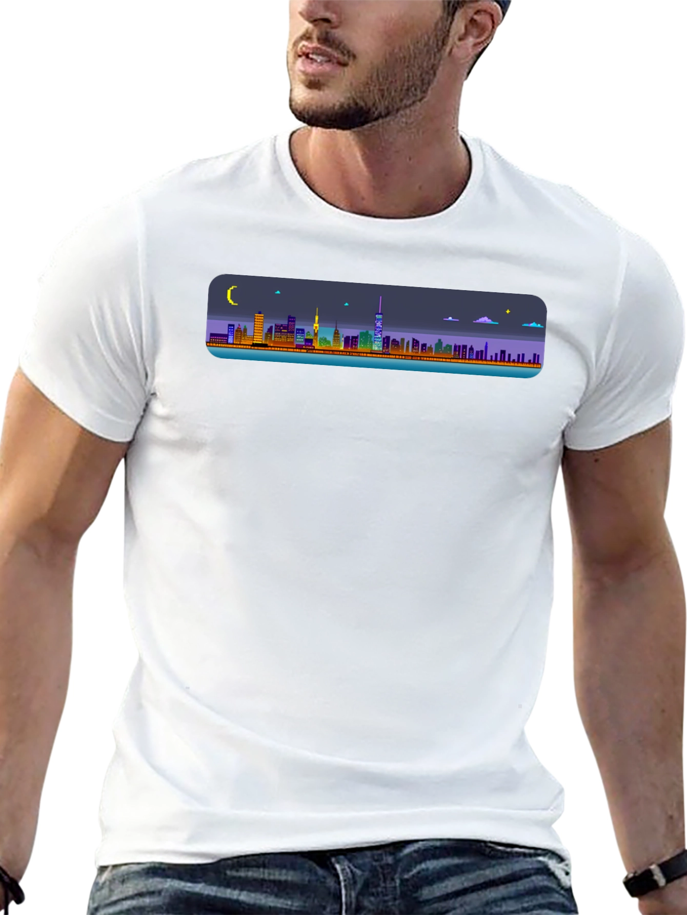 Cityscape Pixel Art Black T-Shirt