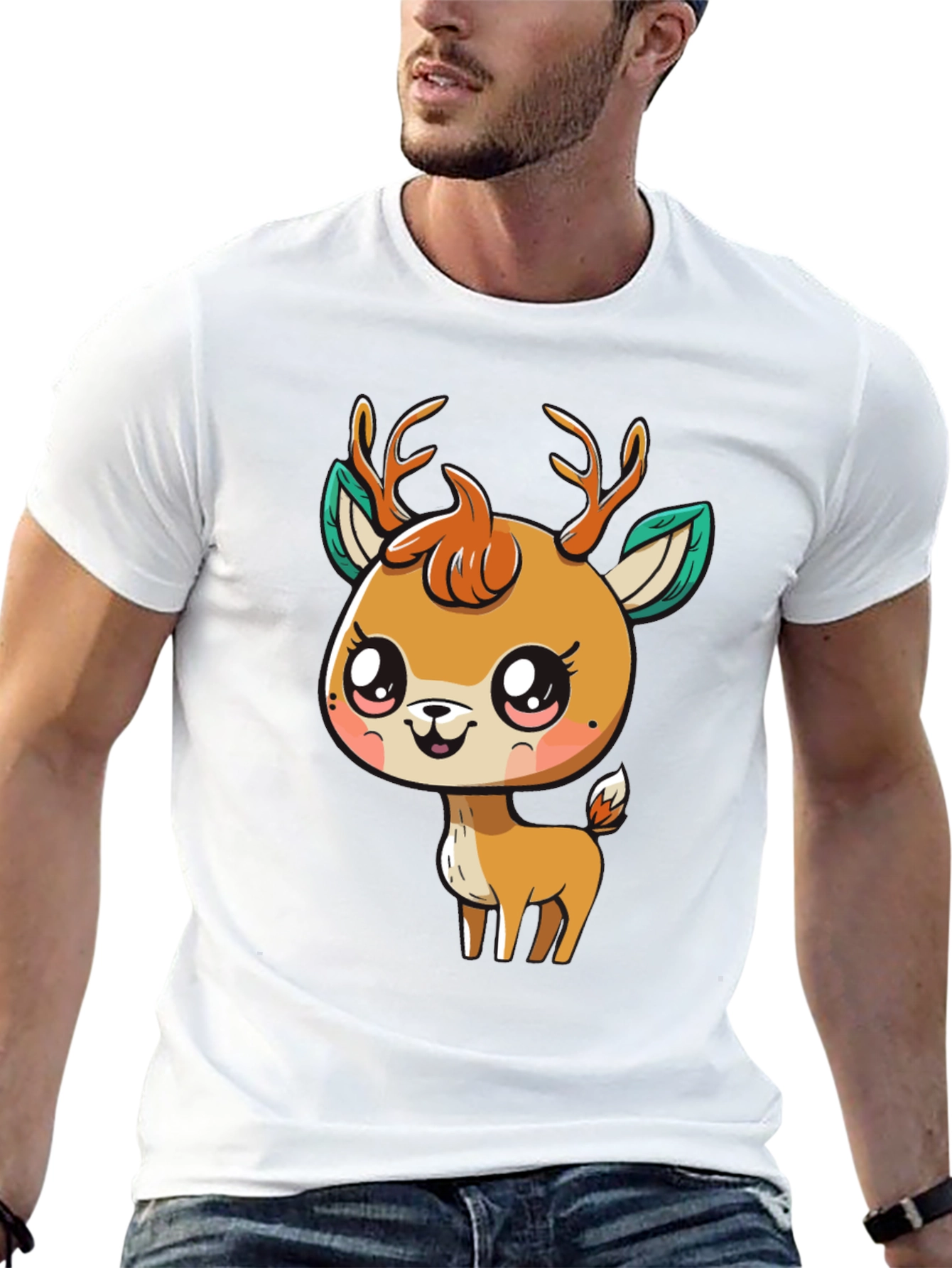Cute Deer Graphic Tee - Black Cotton Blend