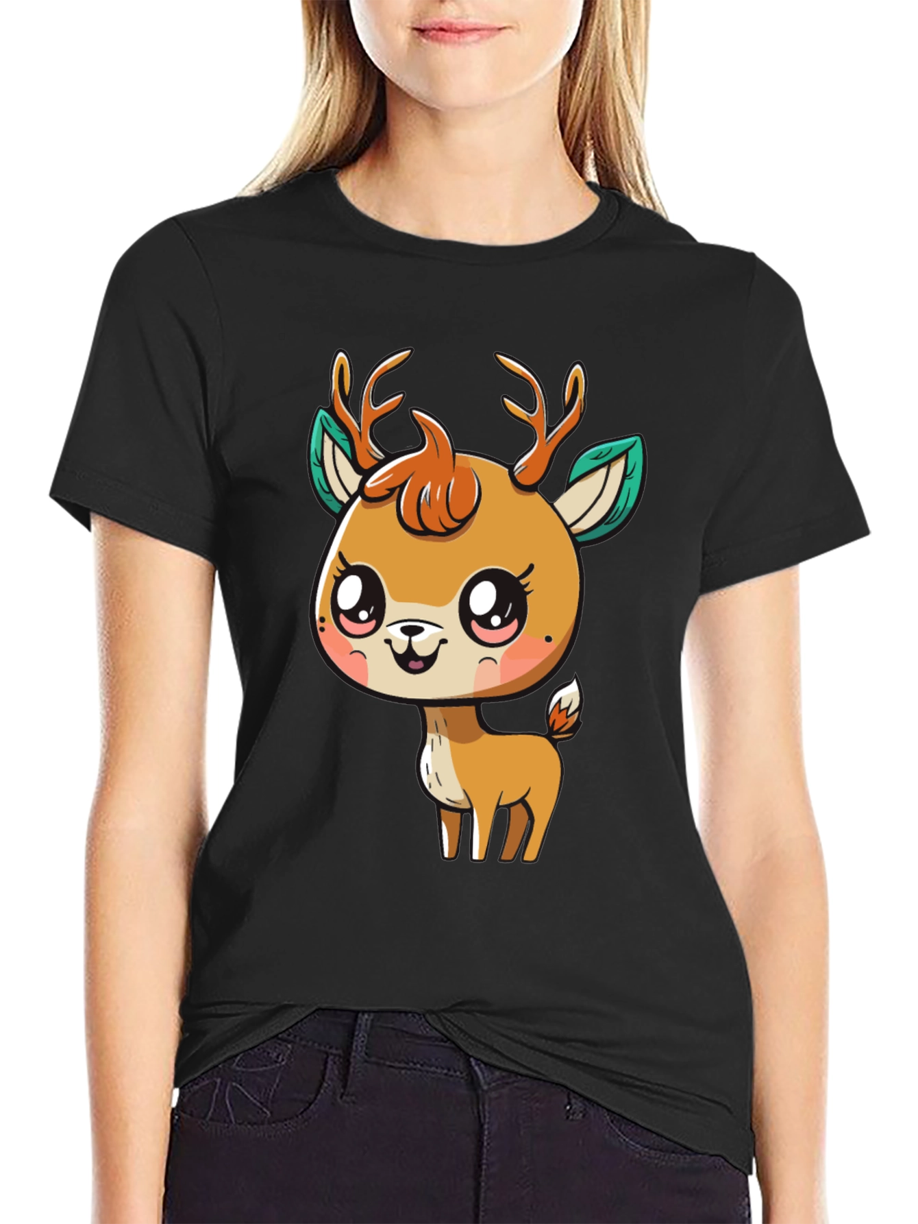 Cute Deer Graphic Tee - Black Cotton Blend