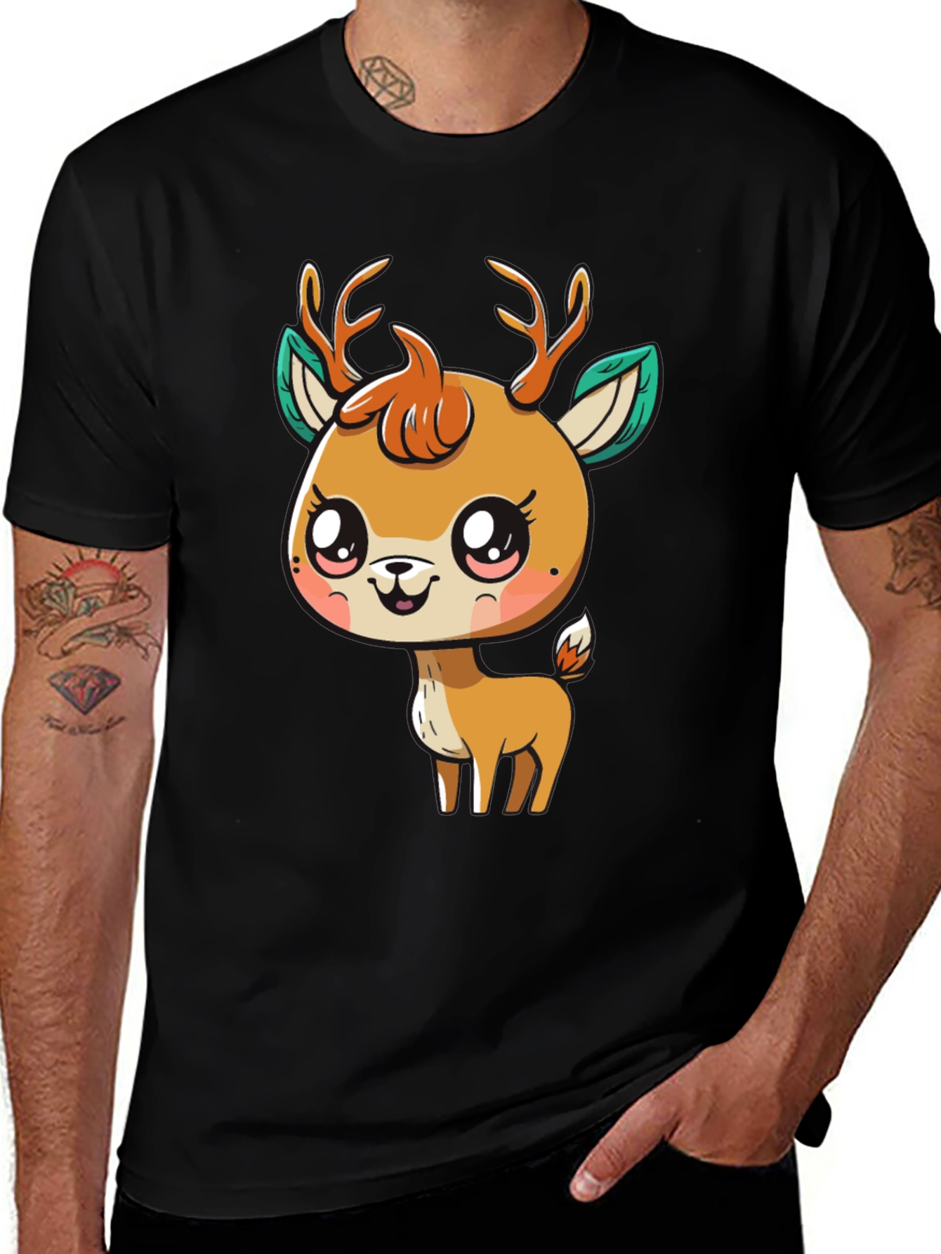 Cute Deer Graphic Tee - Black Cotton Blend