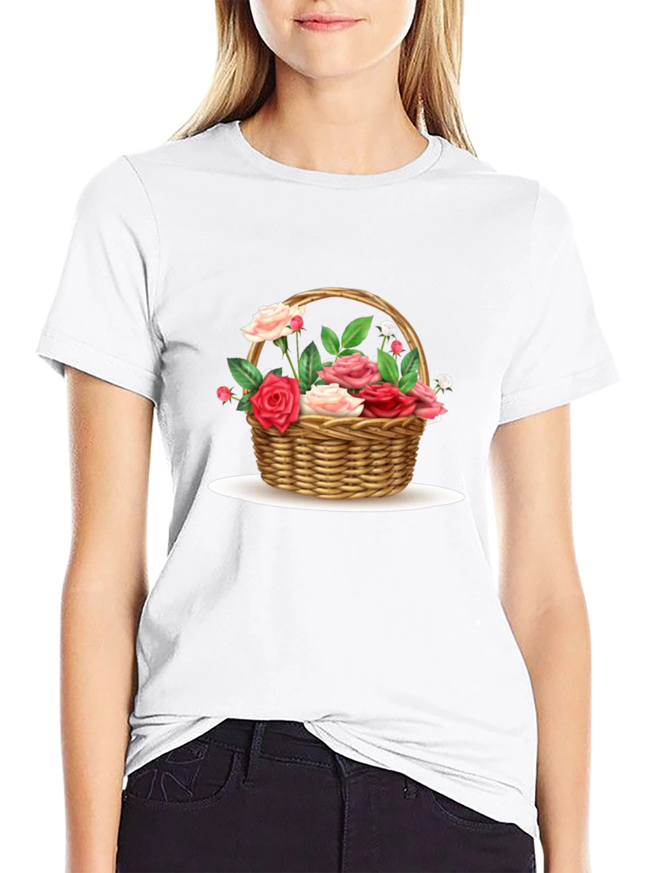 Floral Basket Graphic Tee - Black Casual T-Shirt
