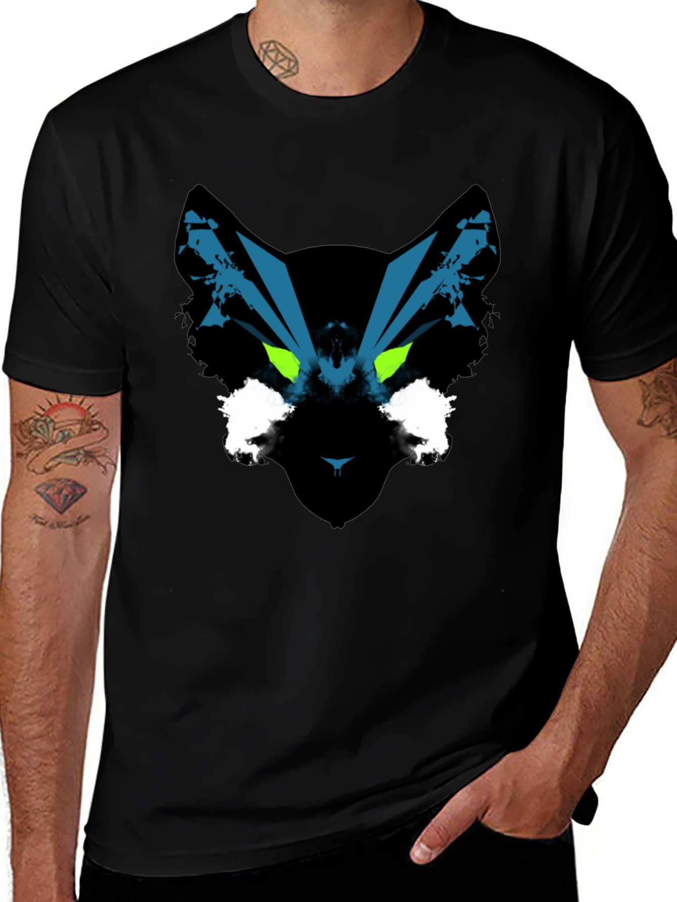 Abstract Cat T-Shirt - Green Eyes - Black Cotton Tee