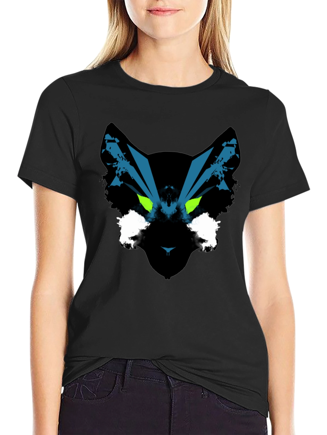 Abstract Cat T-Shirt - Green Eyes - Black Cotton Tee