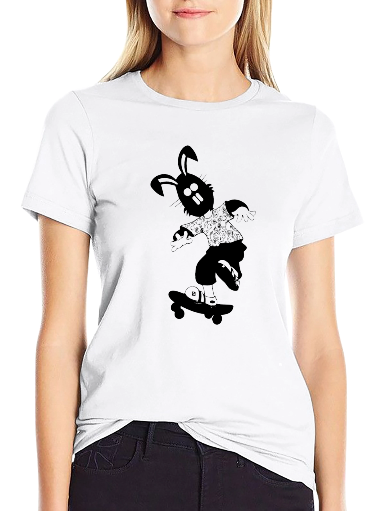 Skateboarding Rabbit Graphic Tee - Cool Black T-Shirt