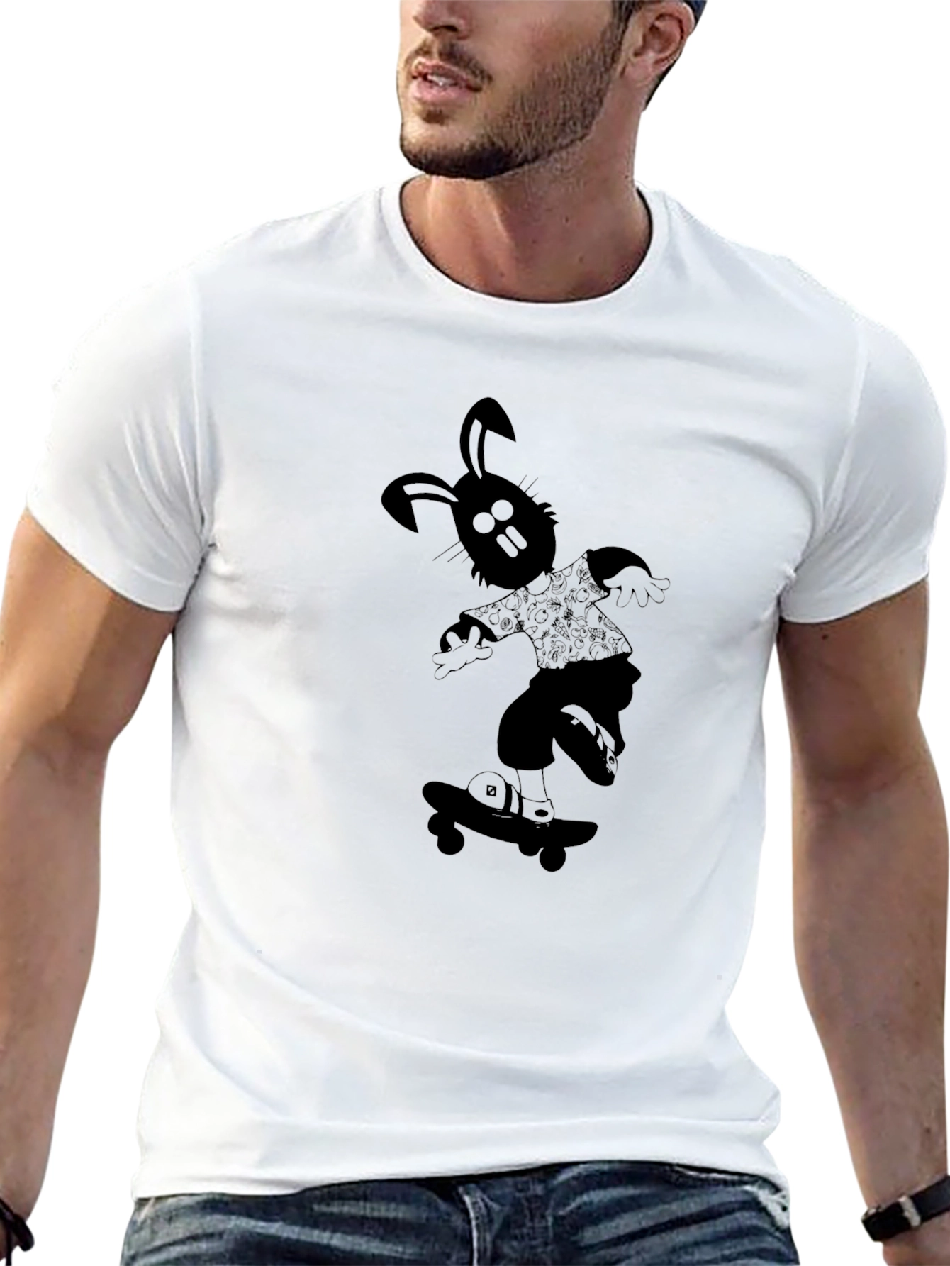 Skateboarding Rabbit Graphic Tee - Cool Black T-Shirt