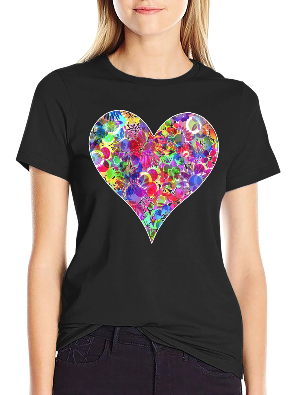 Floral Heart Graphic T-Shirt - Stylish Black Tee