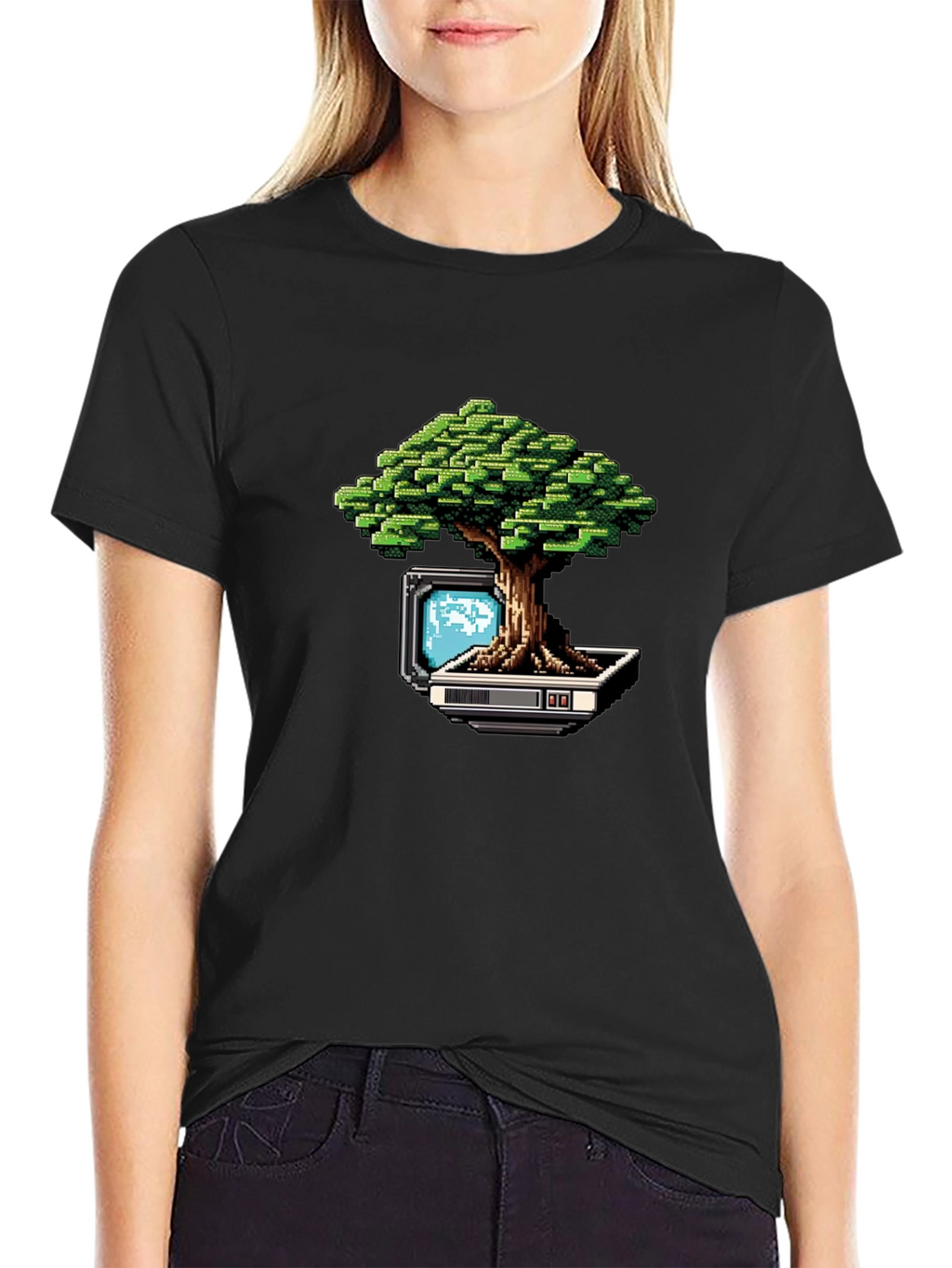 Pixel Bonsai Black T-Shirt - Retro Gaming Style