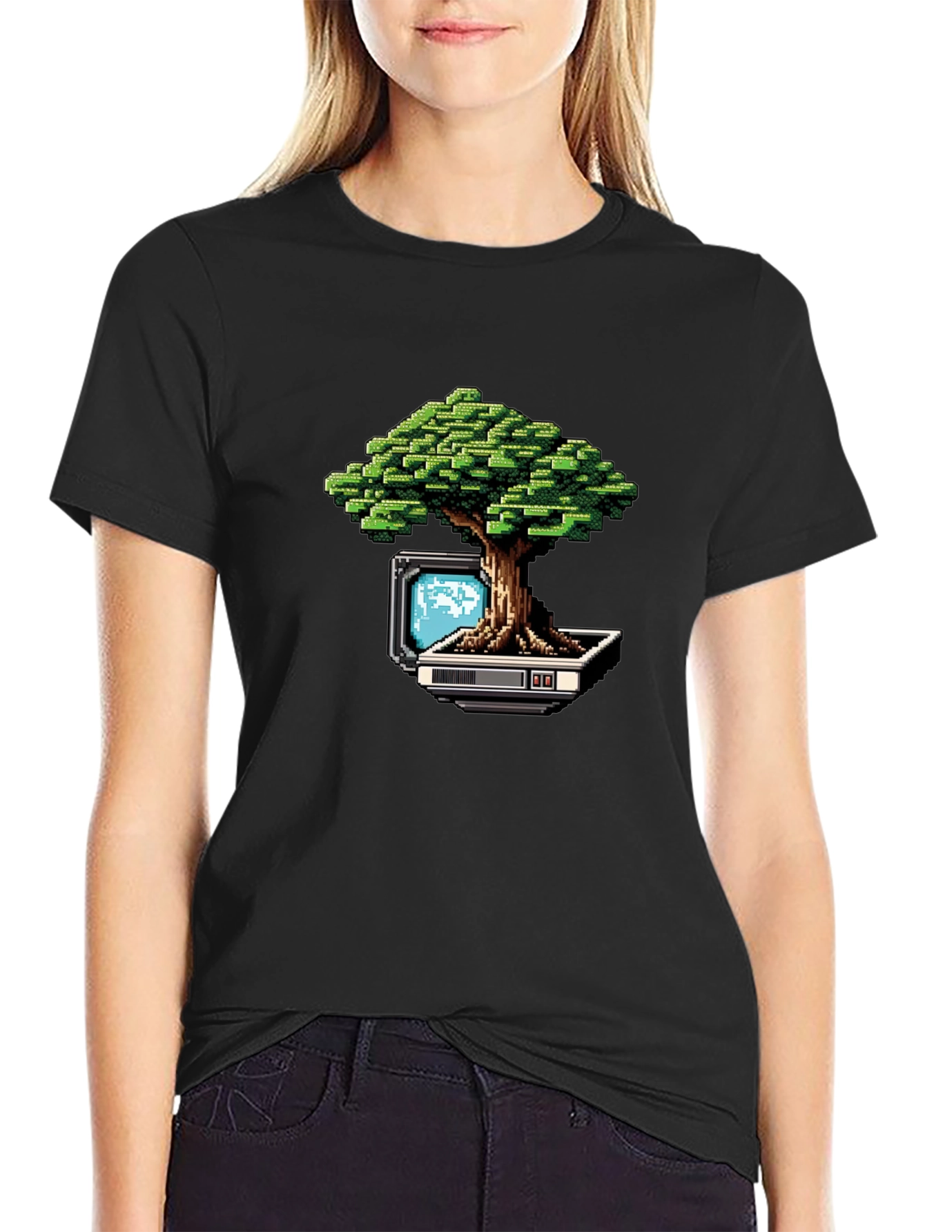 Pixel Bonsai Black T-Shirt - Retro Gaming Style