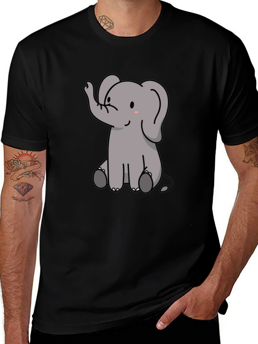 Cute Elephant Graphic Print Black T-Shirt