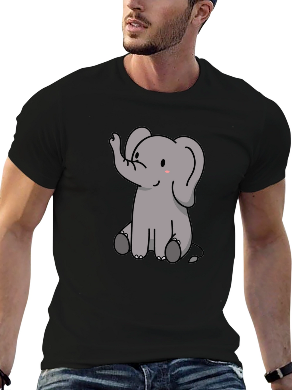 Cute Elephant Graphic Print Black T-Shirt