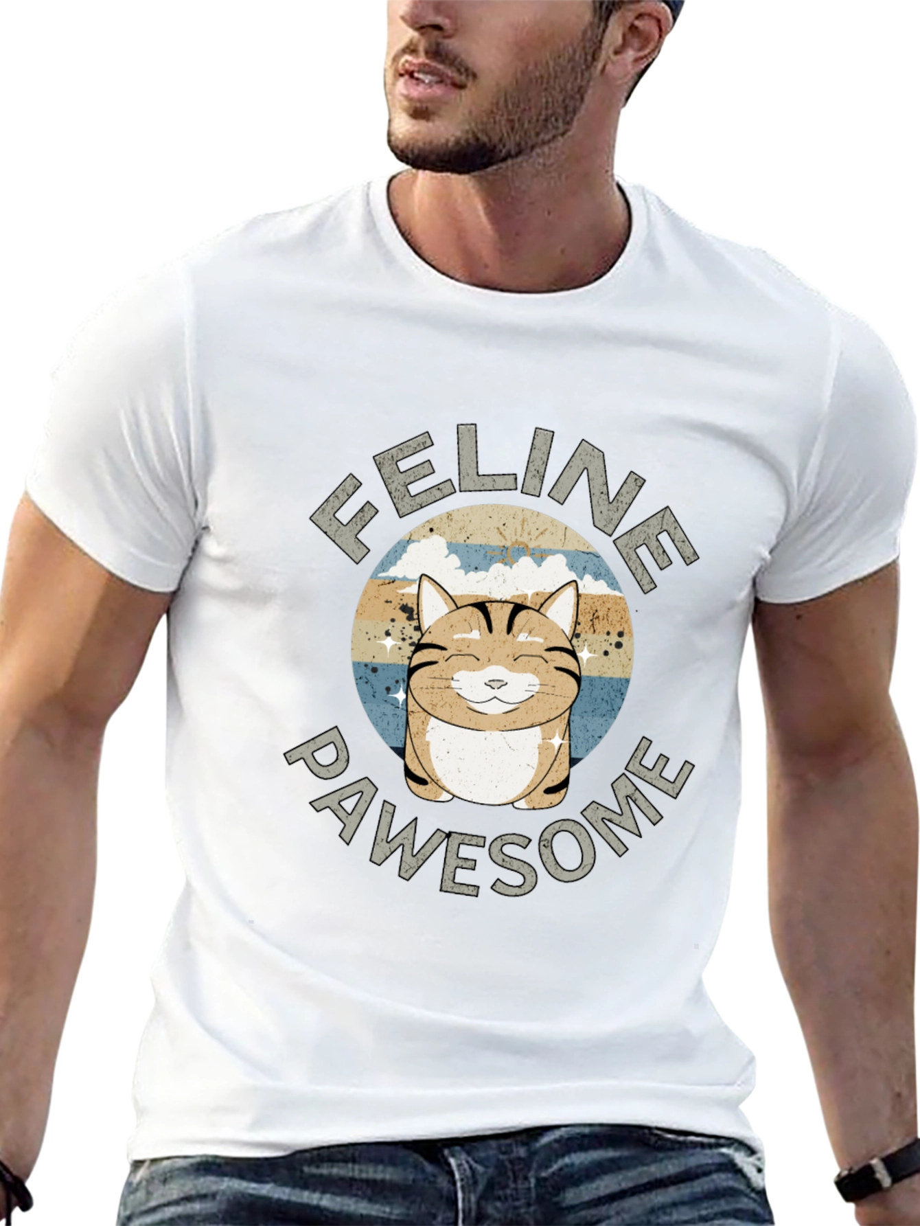 Feline Pawsome Cat Graphic Black T-Shirt