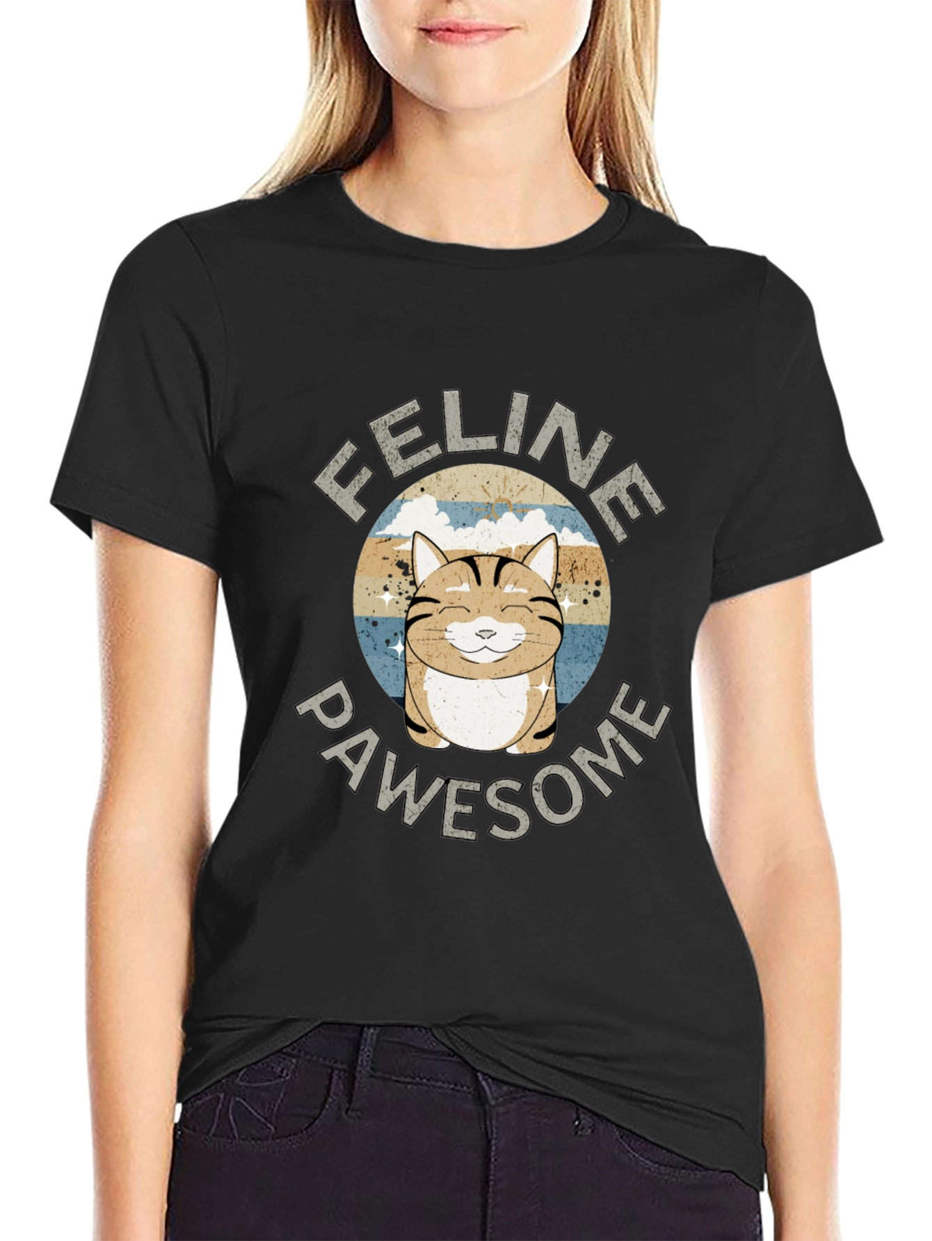 Feline Pawsome Cat Graphic Black T-Shirt