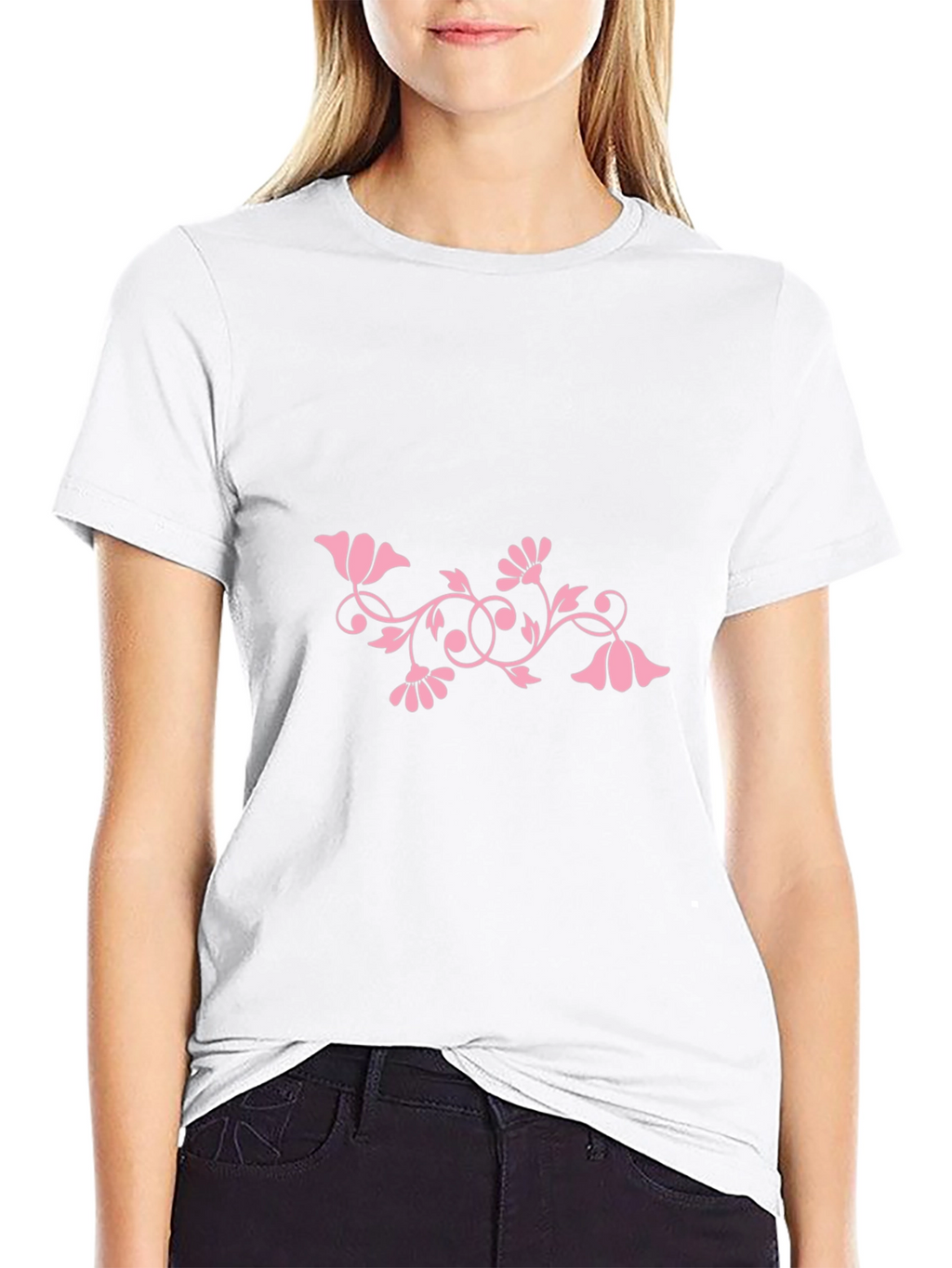 Black Tee with Pink Floral Design