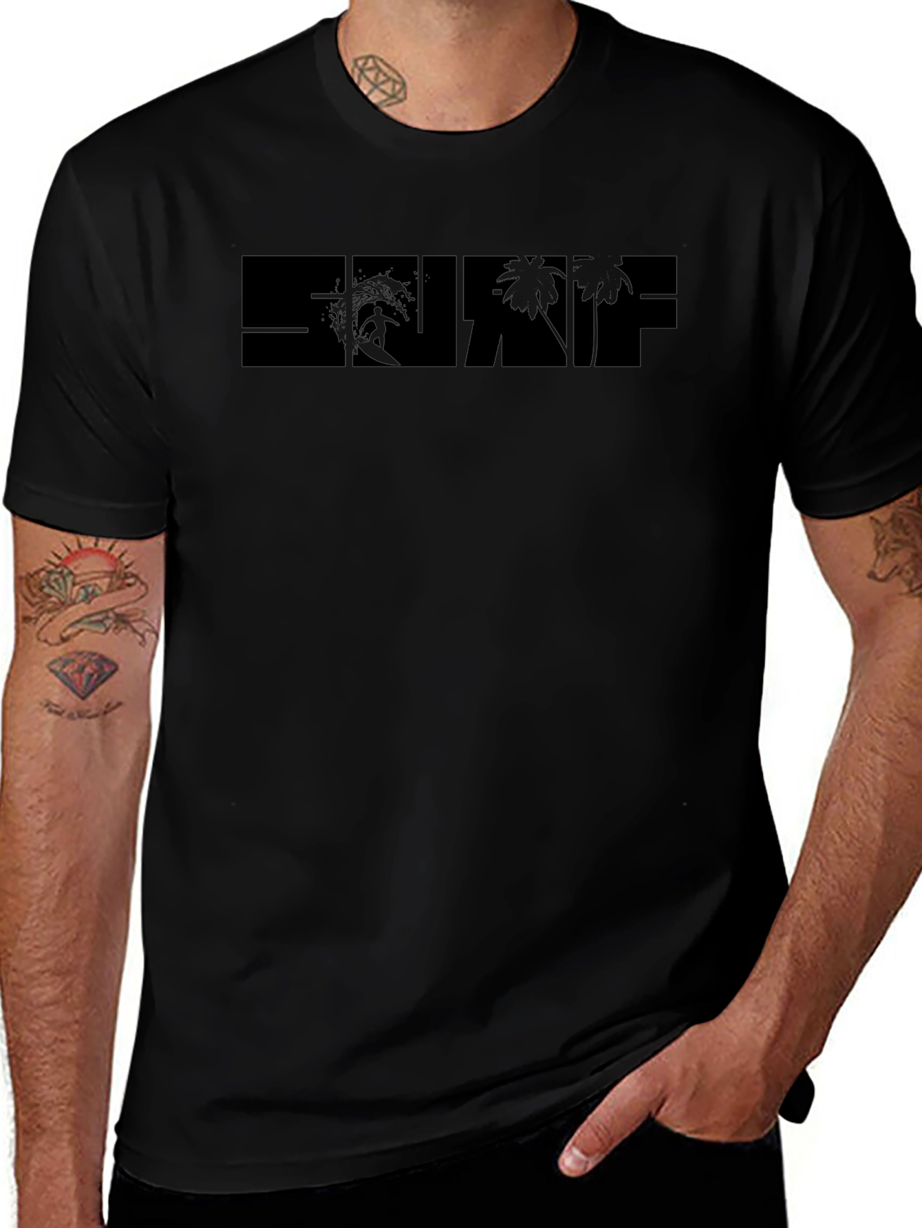 Surf Graphic Black T-Shirt - Tropical Beach Design