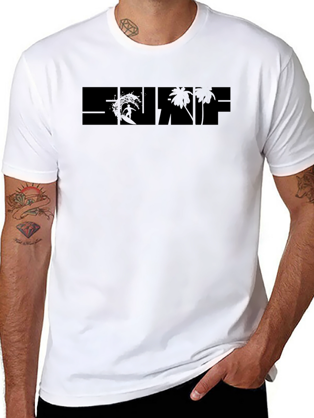 Surf Graphic Black T-Shirt - Tropical Beach Design