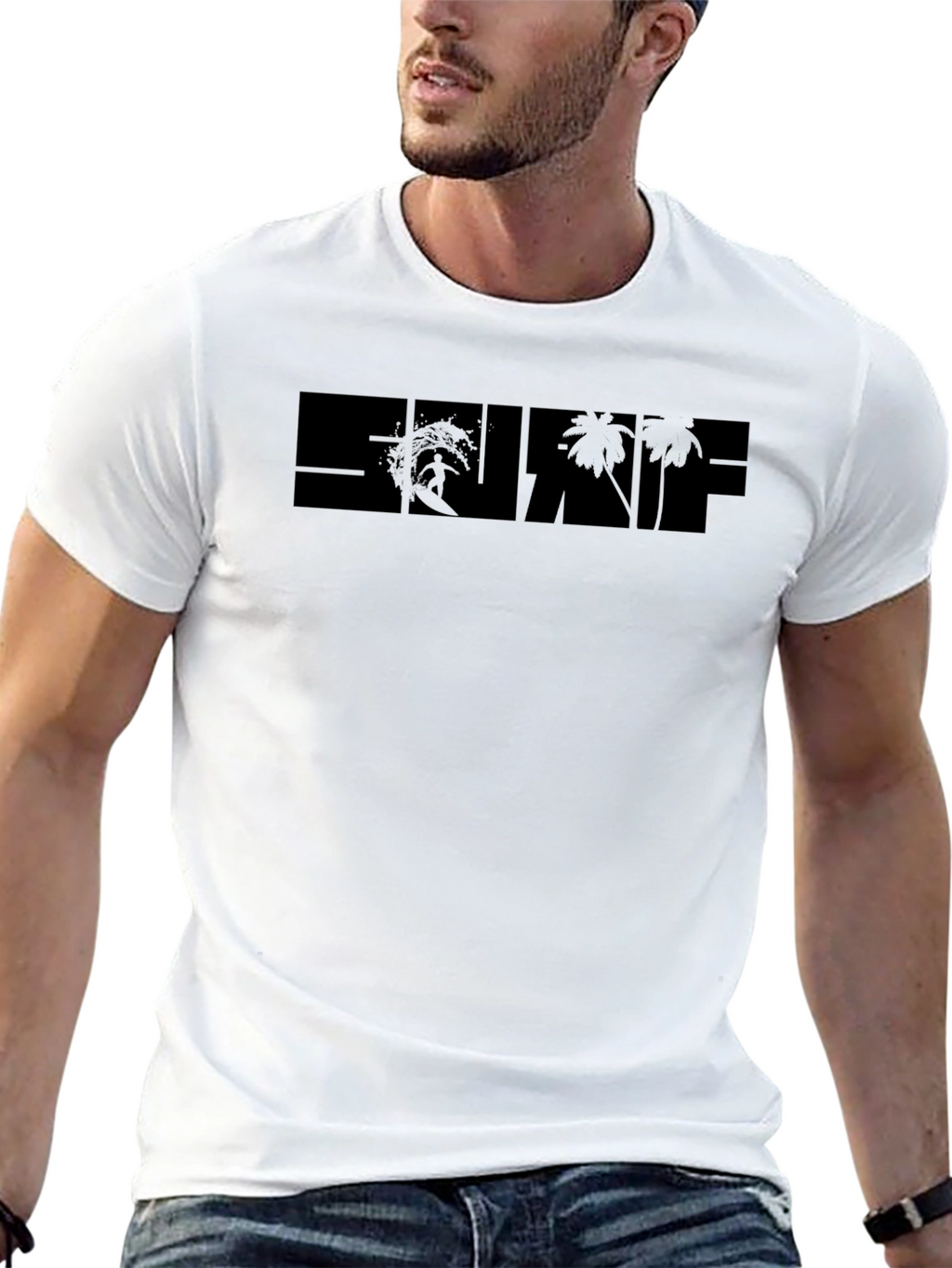 Surf Graphic Black T-Shirt - Tropical Beach Design