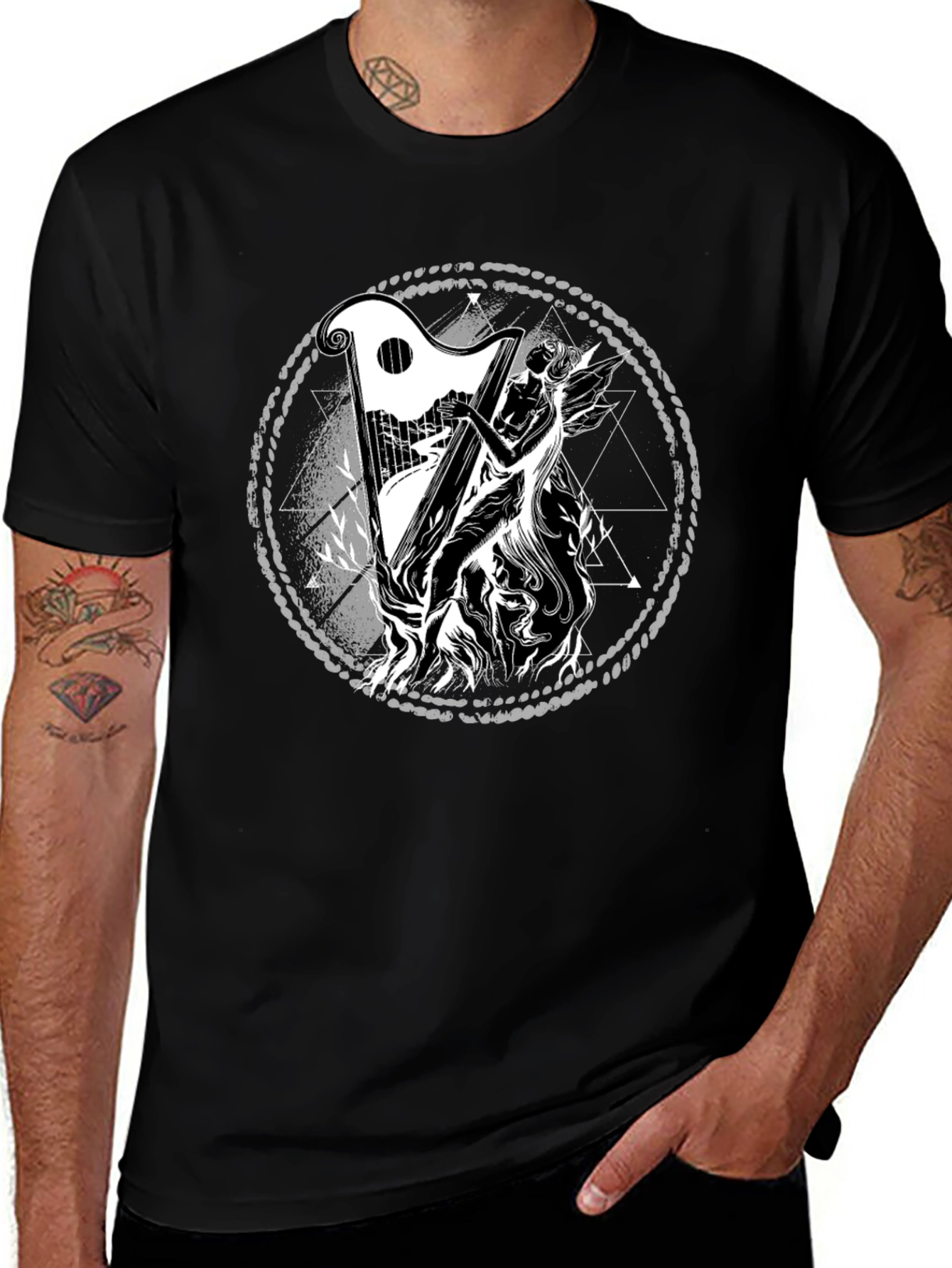 Mystic Harpist Graphic Black T-Shirt