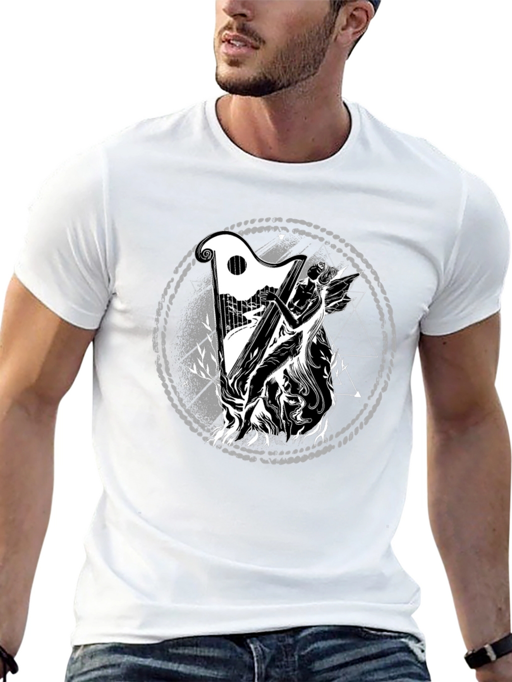 Mystic Harpist Graphic Black T-Shirt