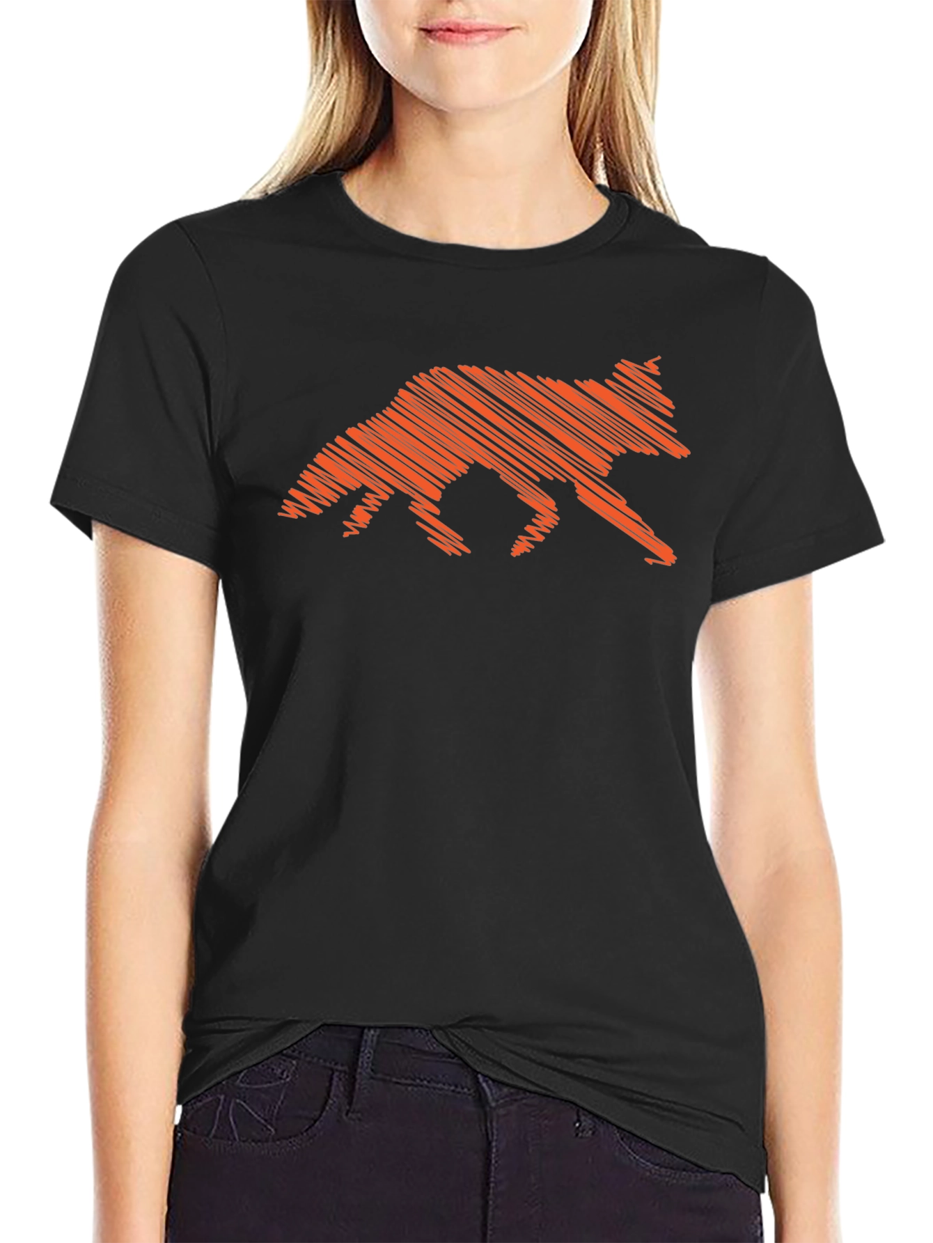 Orange Fox Scribble Graphic Black T-Shirt
