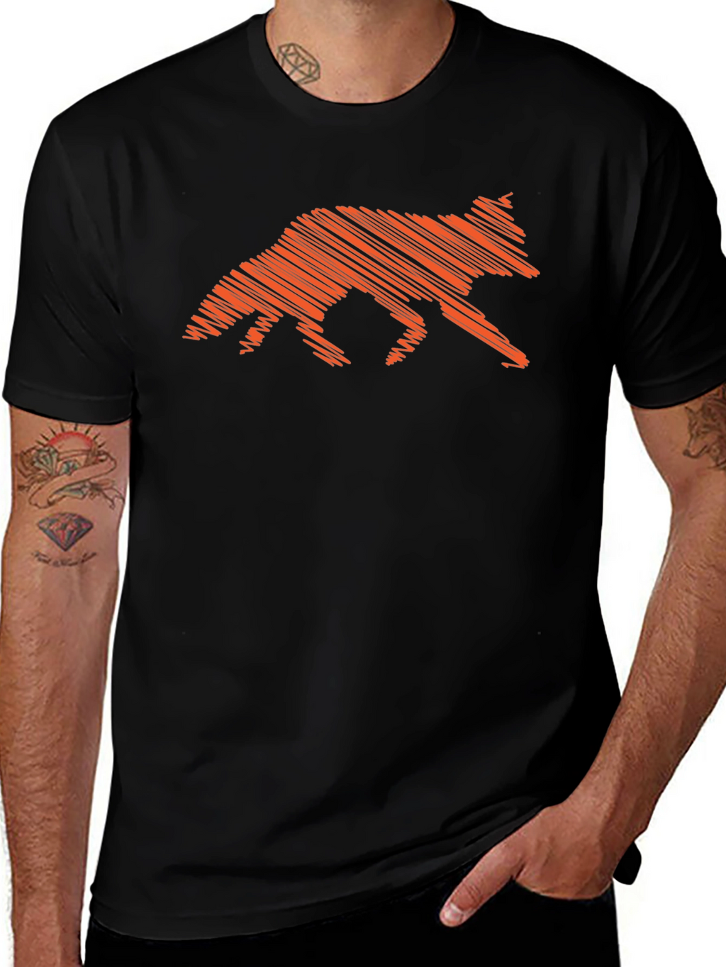 Orange Fox Scribble Graphic Black T-Shirt