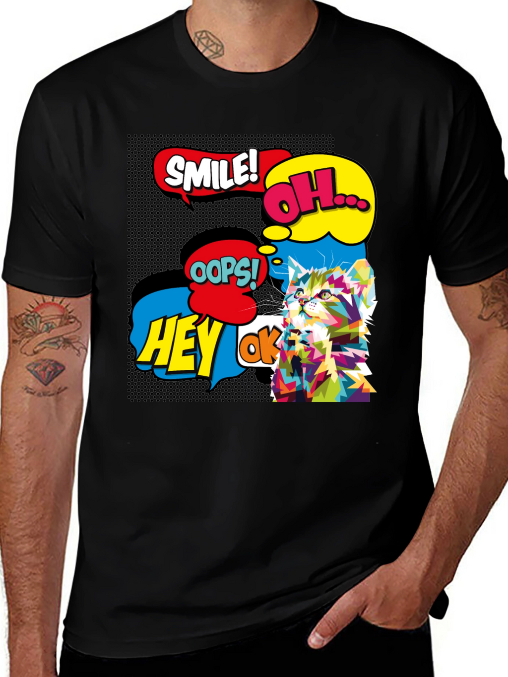 Pop Art Cat Black T-Shirt - Graphic Tee
