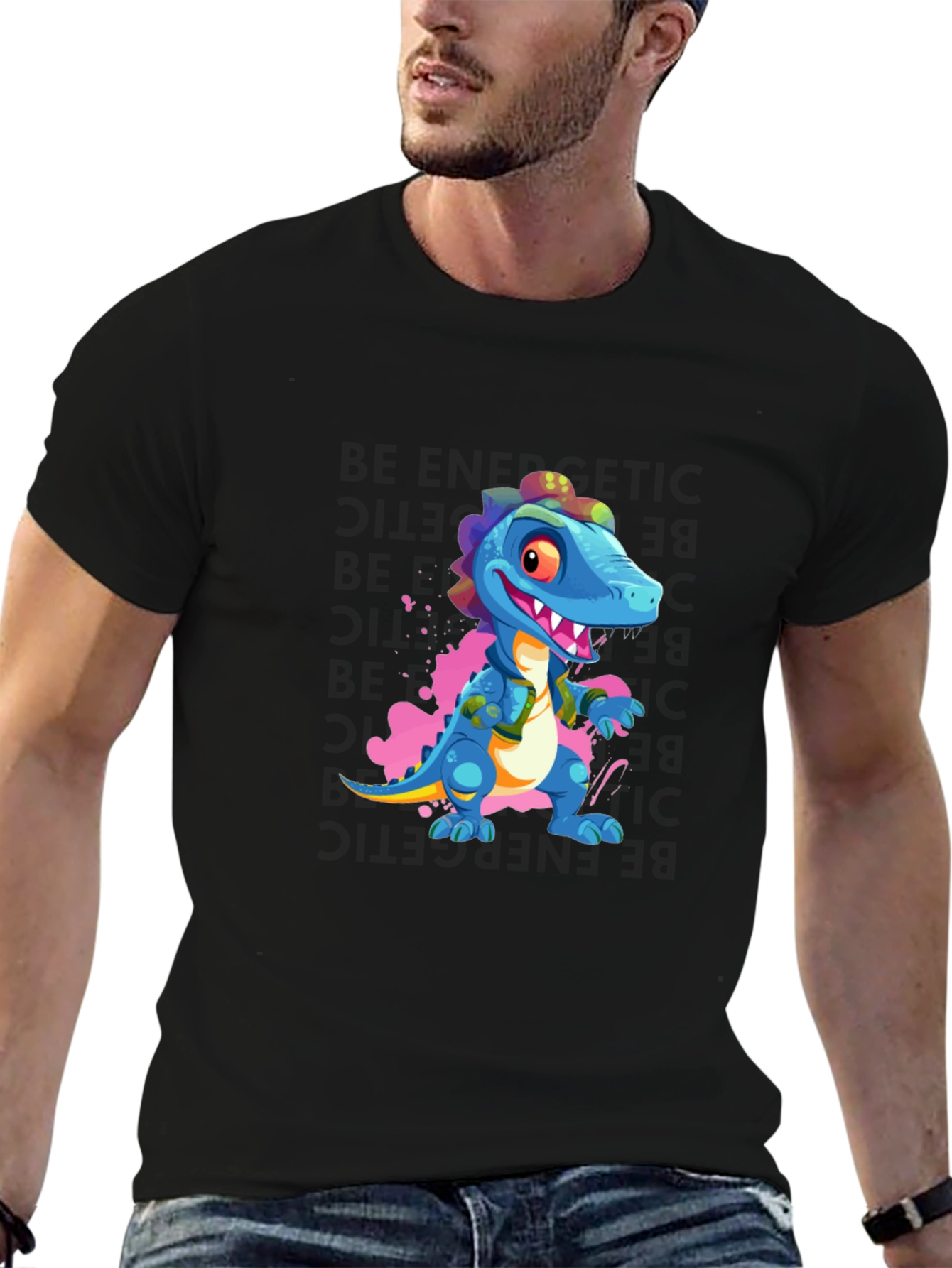 Cartoon Dinosaur Graphic Black T-Shirt