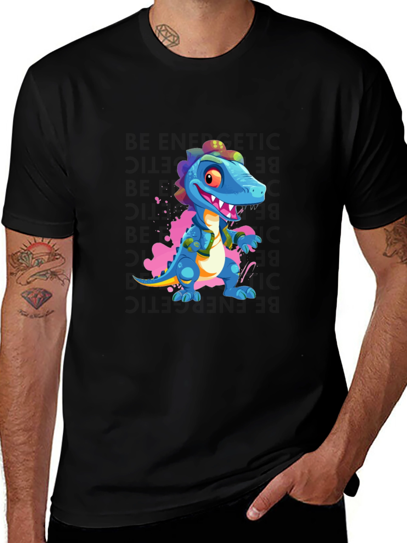 Cartoon Dinosaur Graphic Black T-Shirt