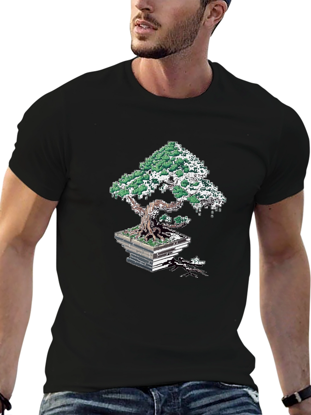 Pixel Art Bonsai Tree Black T-Shirt