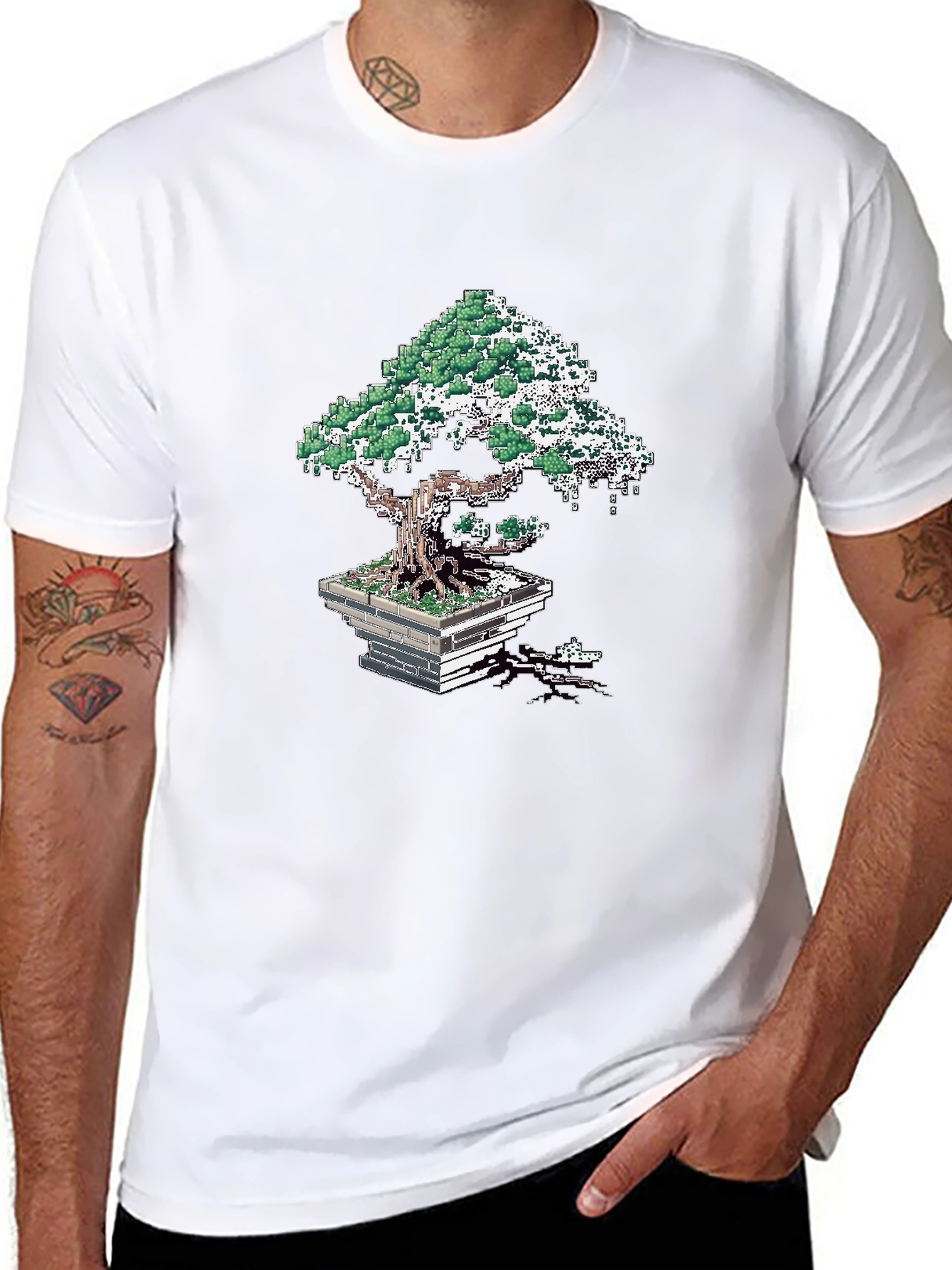 Pixel Art Bonsai Tree Black T-Shirt