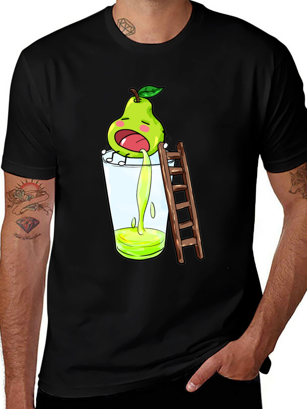 Funny Pear Juice Cartoon Black T-Shirt