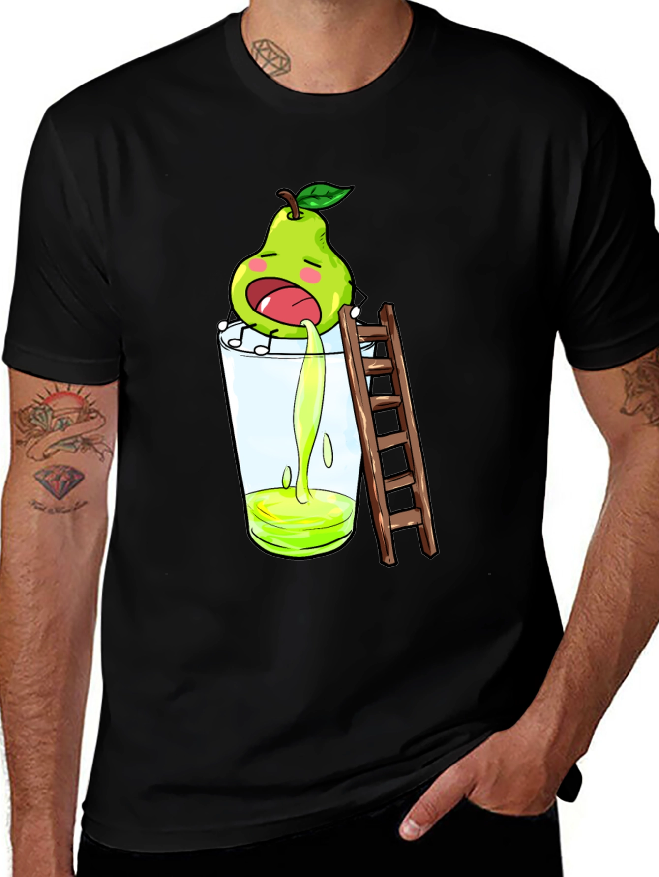 Funny Pear Juice Cartoon Black T-Shirt