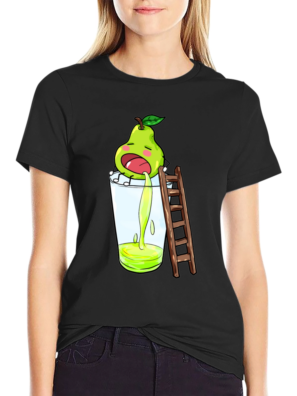 Funny Pear Juice Cartoon Black T-Shirt