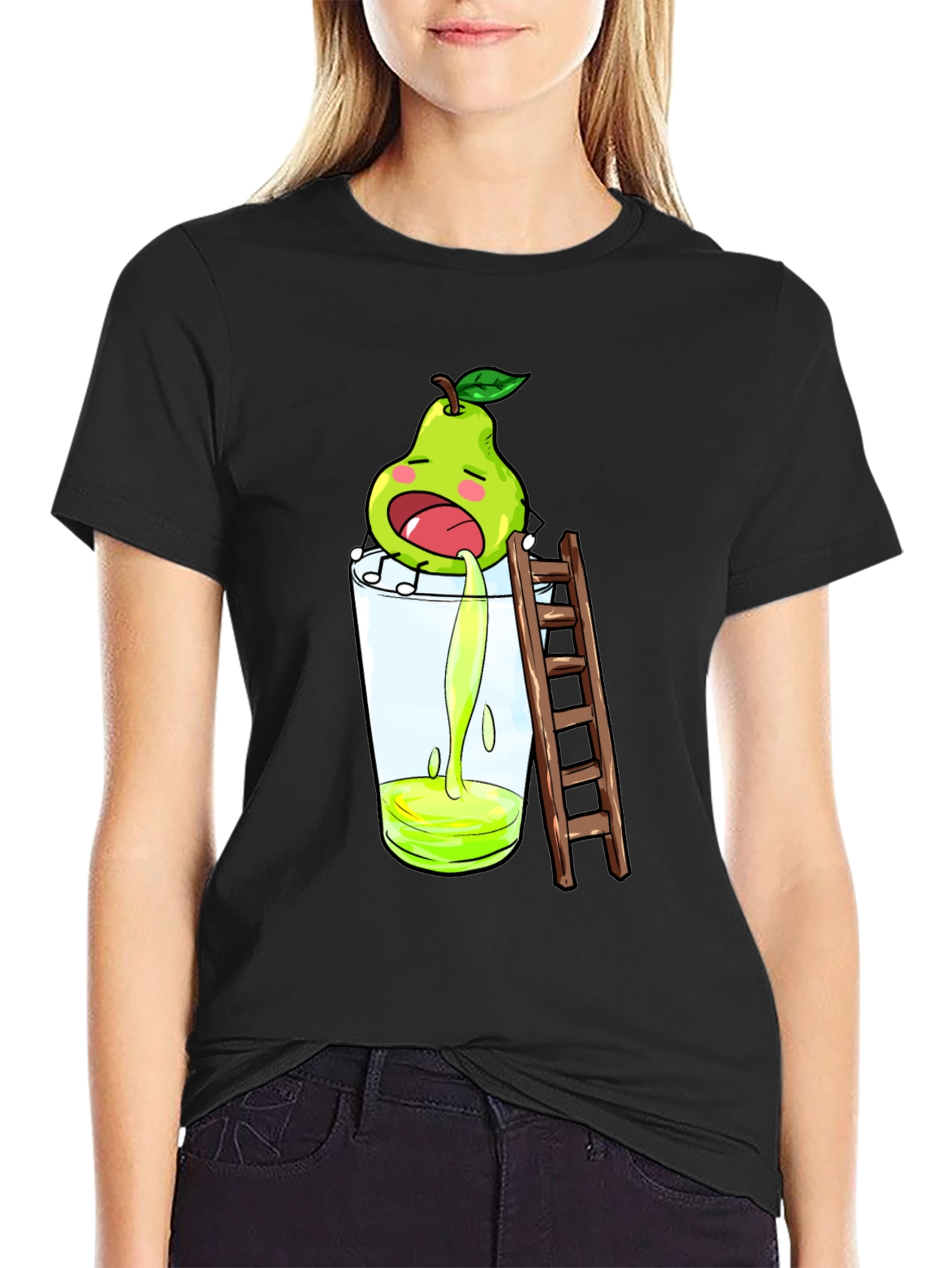 Funny Pear Juice Cartoon Black T-Shirt