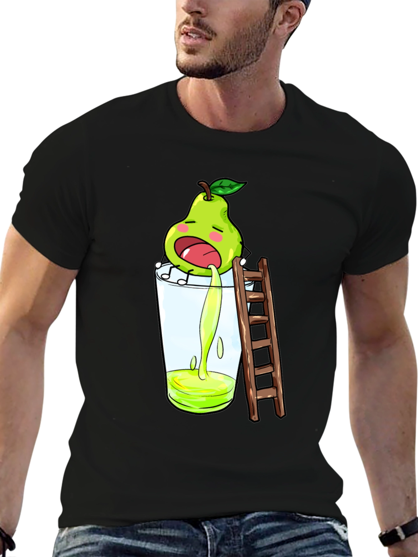 Funny Pear Juice Cartoon Black T-Shirt
