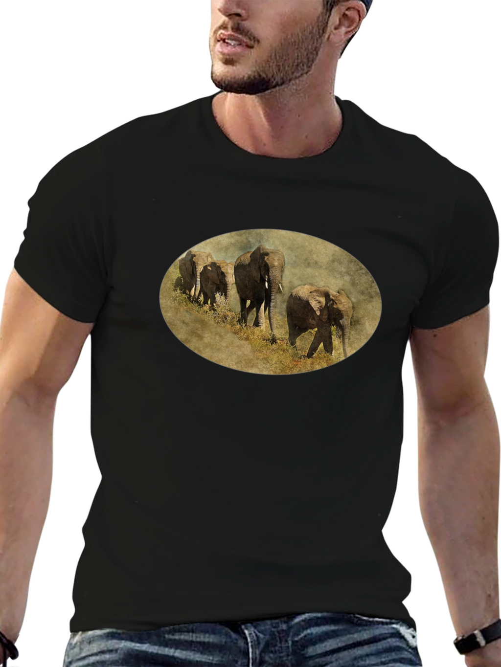Elephant Herd Graphic Black T-Shirt