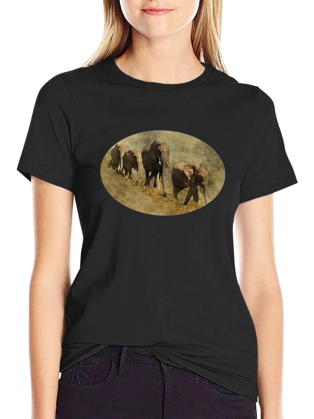 Elephant Herd Graphic Black T-Shirt