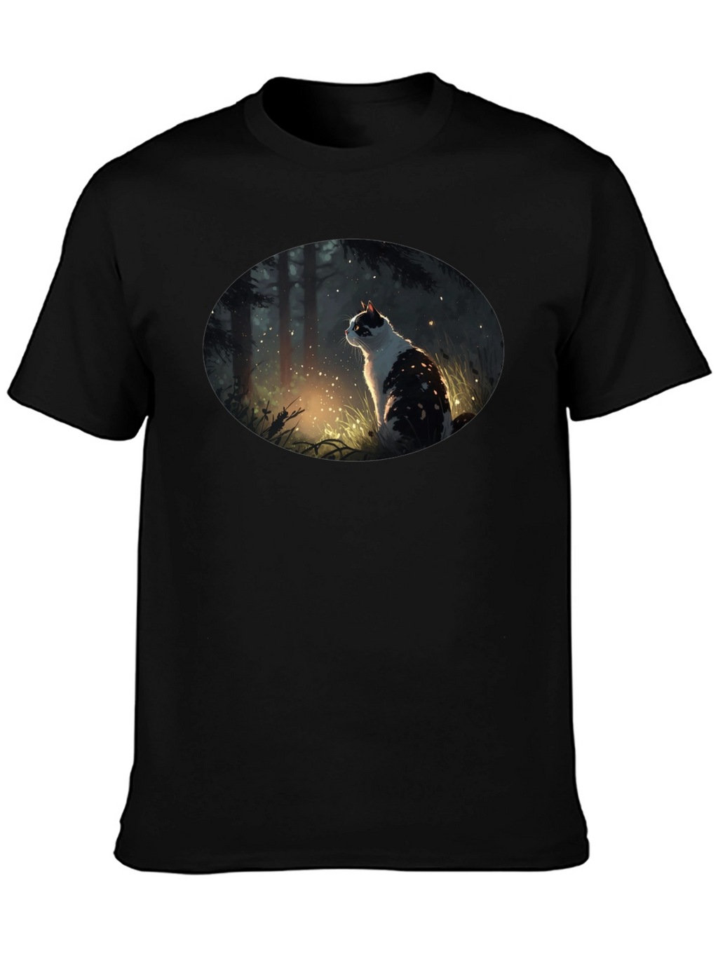 Mystical Cat in Forest Graphic T-Shirt - Black