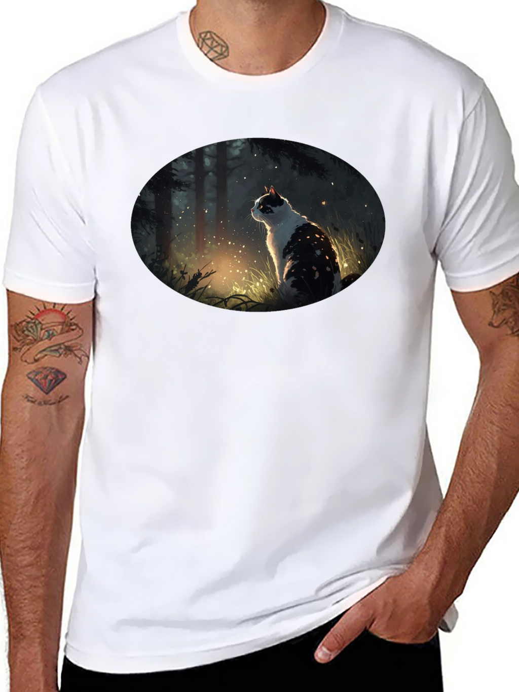 Mystical Cat in Forest Graphic T-Shirt - Black