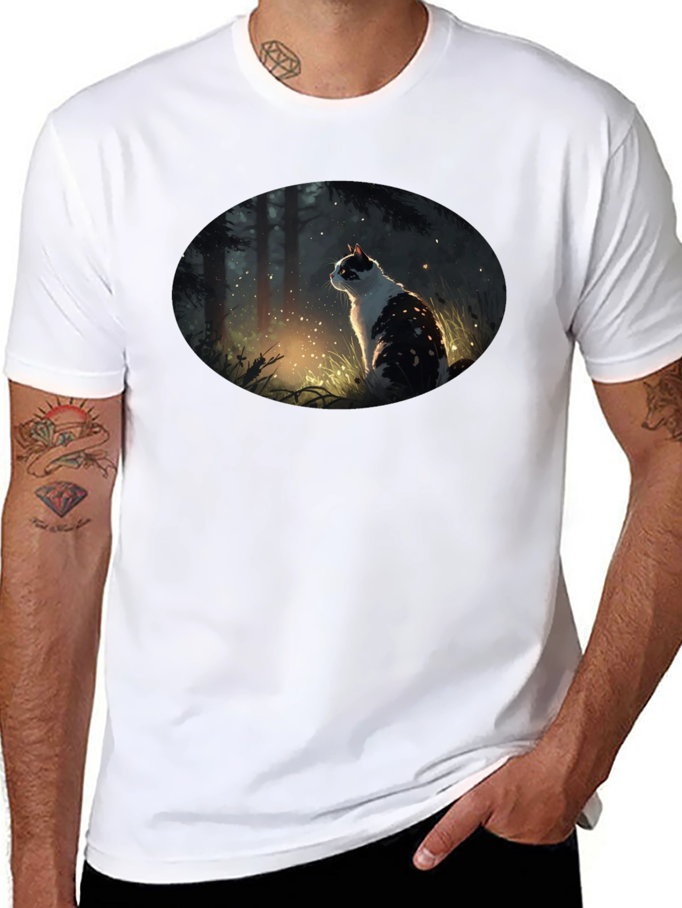Mystical Cat in Forest Graphic T-Shirt - Black