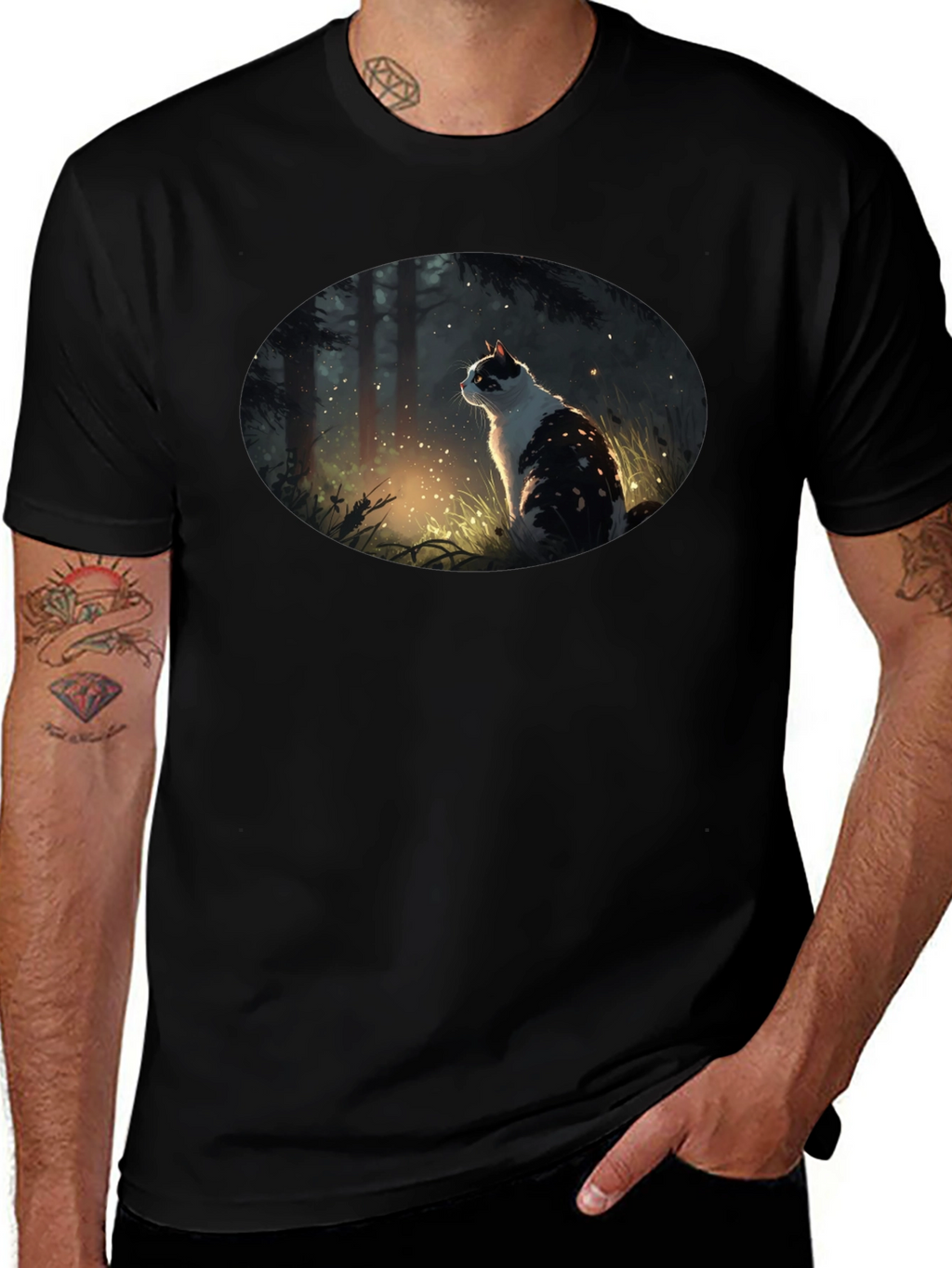 Mystical Cat in Forest Graphic T-Shirt - Black