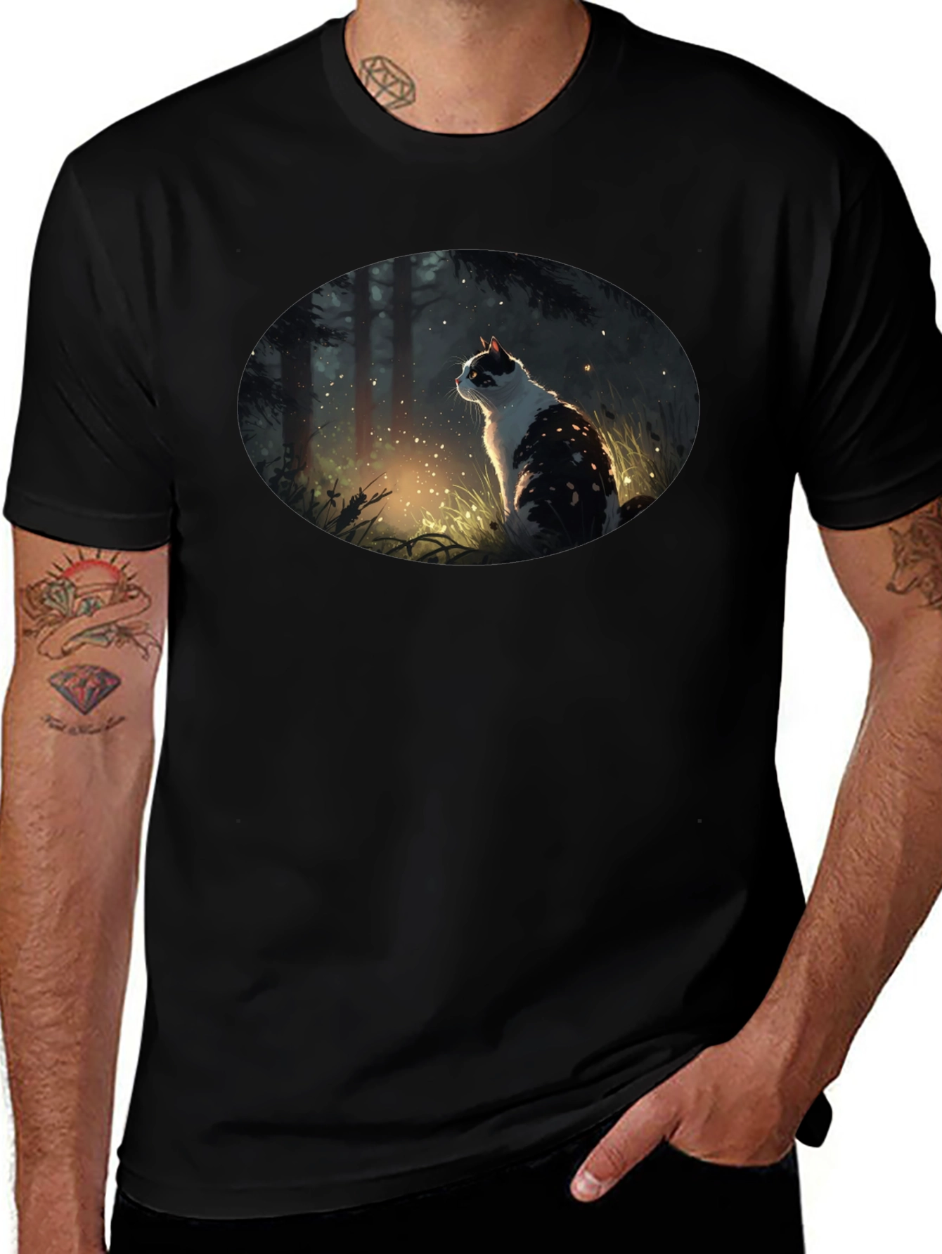 Mystical Cat in Forest Graphic T-Shirt - Black