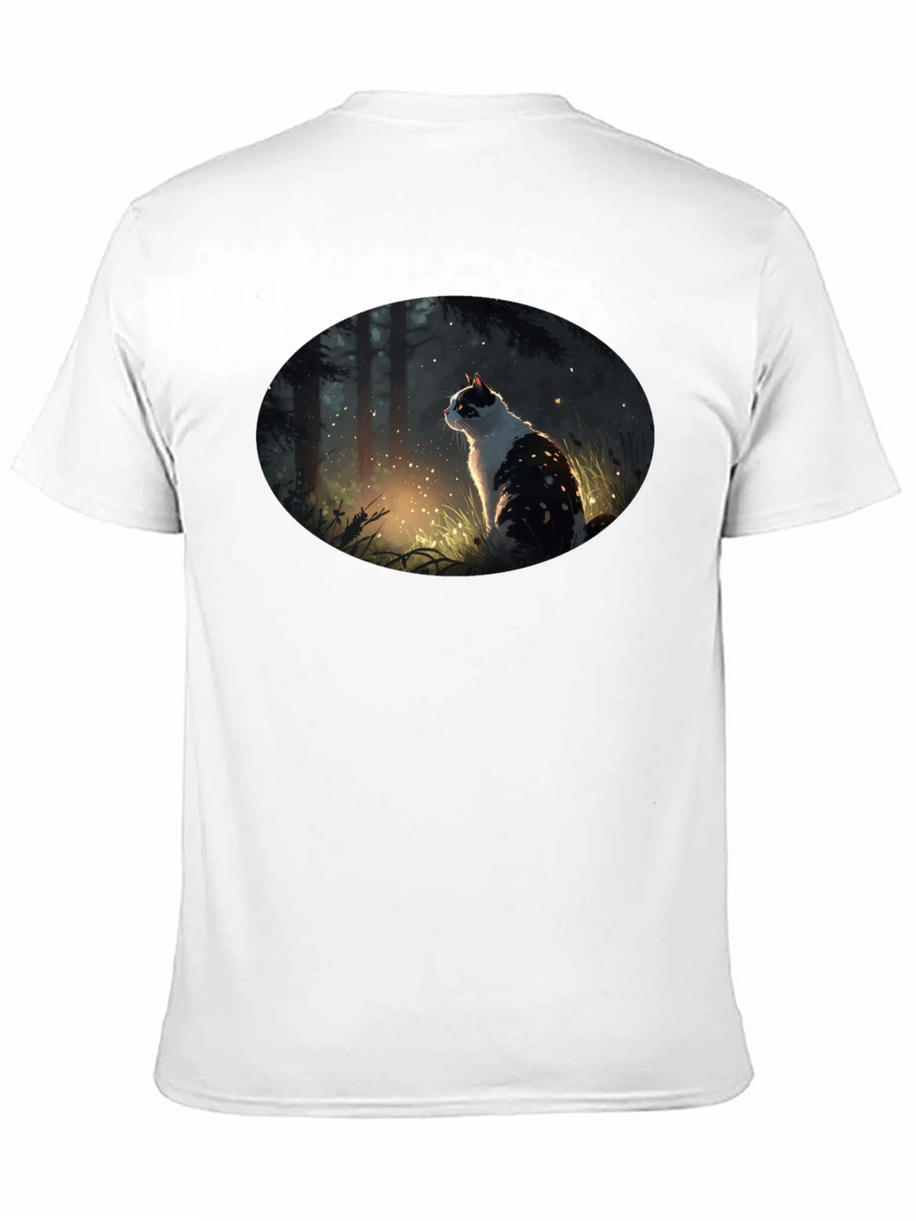 Mystical Cat in Forest Graphic T-Shirt - Black
