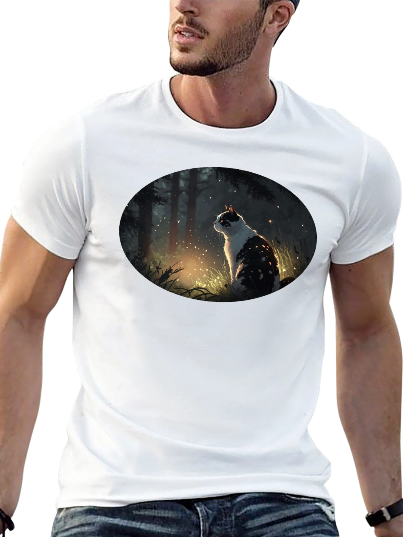 Mystical Cat in Forest Graphic T-Shirt - Black