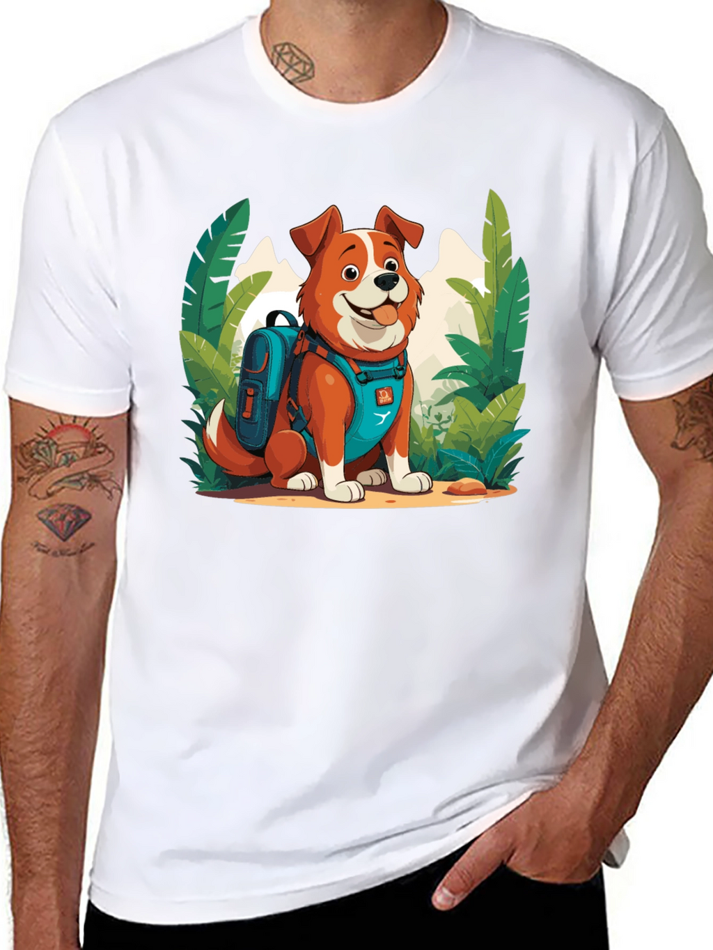 Dog Hiker Cartoon Graphic T-Shirt