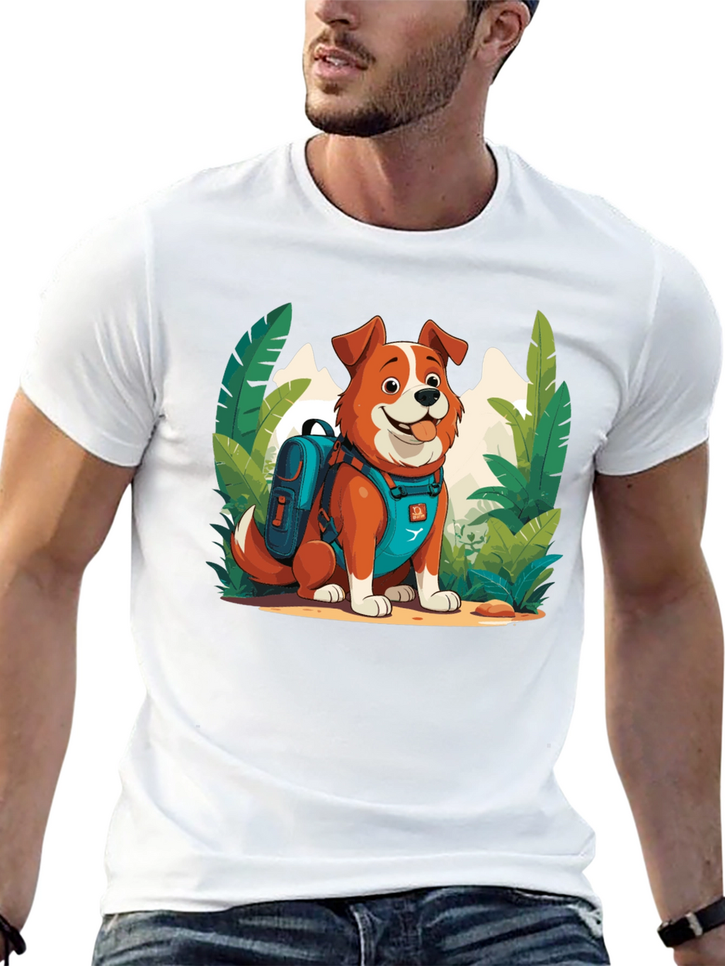 Dog Hiker Cartoon Graphic T-Shirt